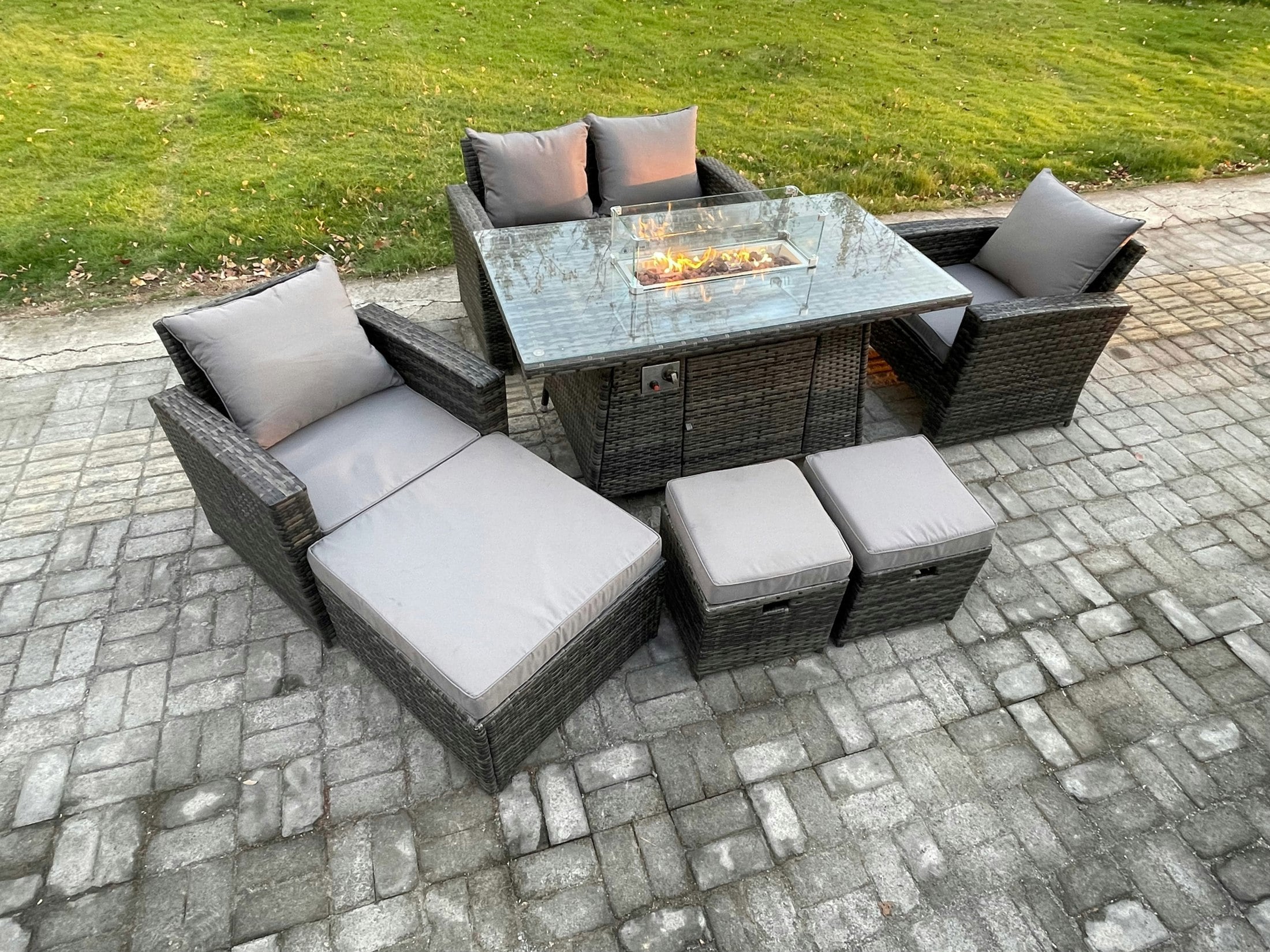 Rackhams Dark/Grey 7 Seater?Outdoor Rattan Sofa Set Garden Furniture Gas Fire Pit Dining Table Heater With 3 Footstools Mixed
