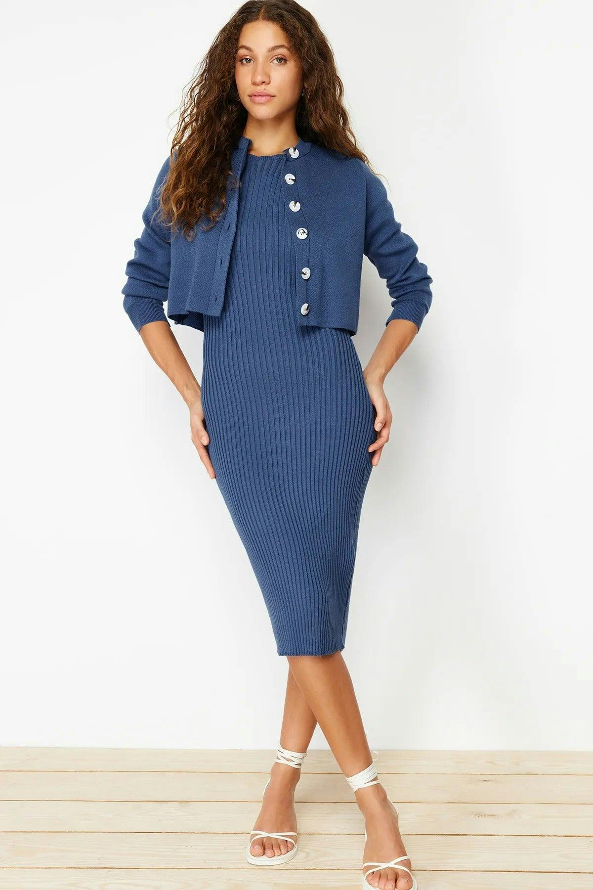 Hoxton Gal Indigo 2-Piece Midi Knit Basic Dress With Cardigan - S