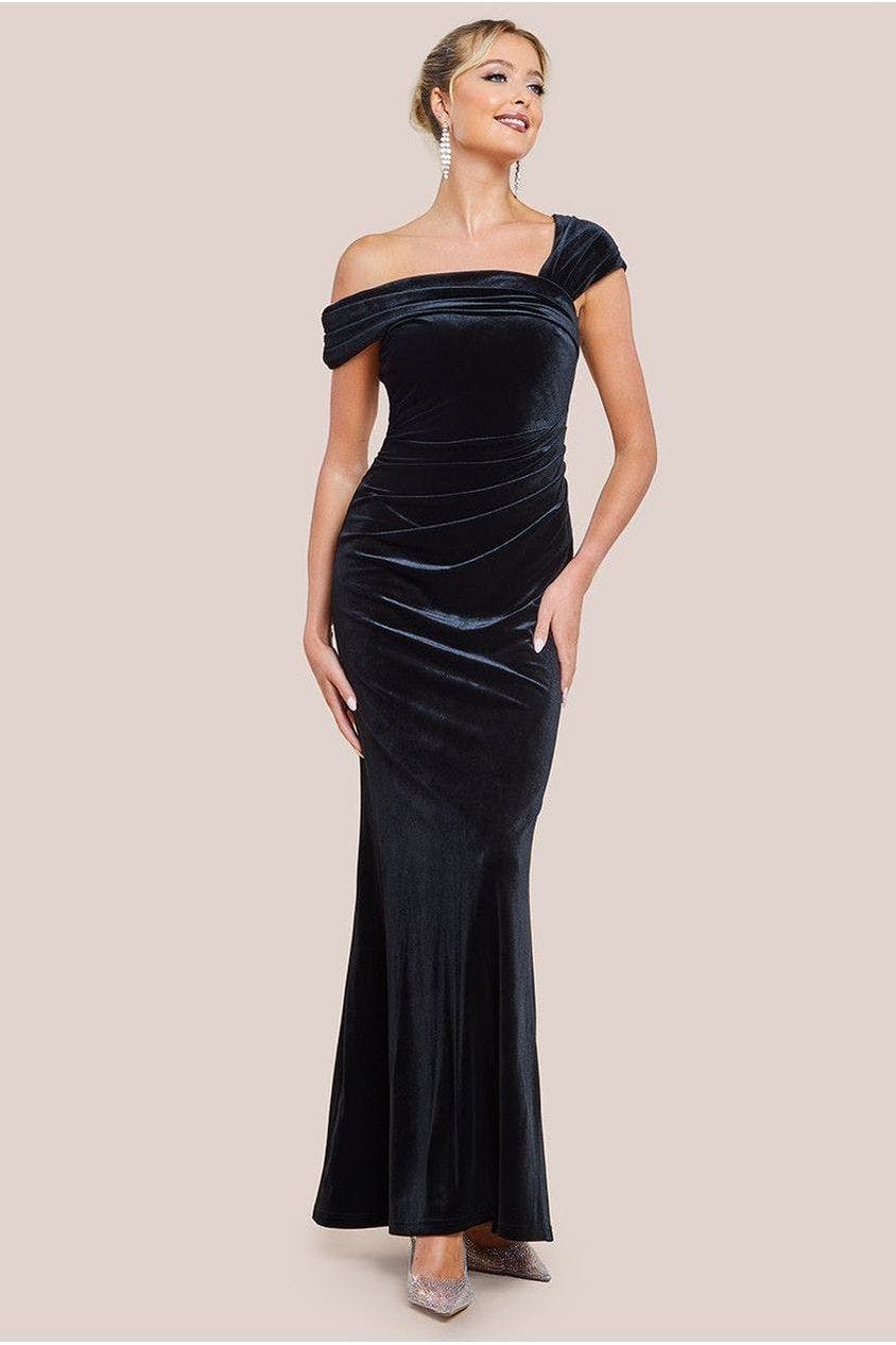 Goddiva Black One Shoulder Velvet Maxi Dress - By - 8