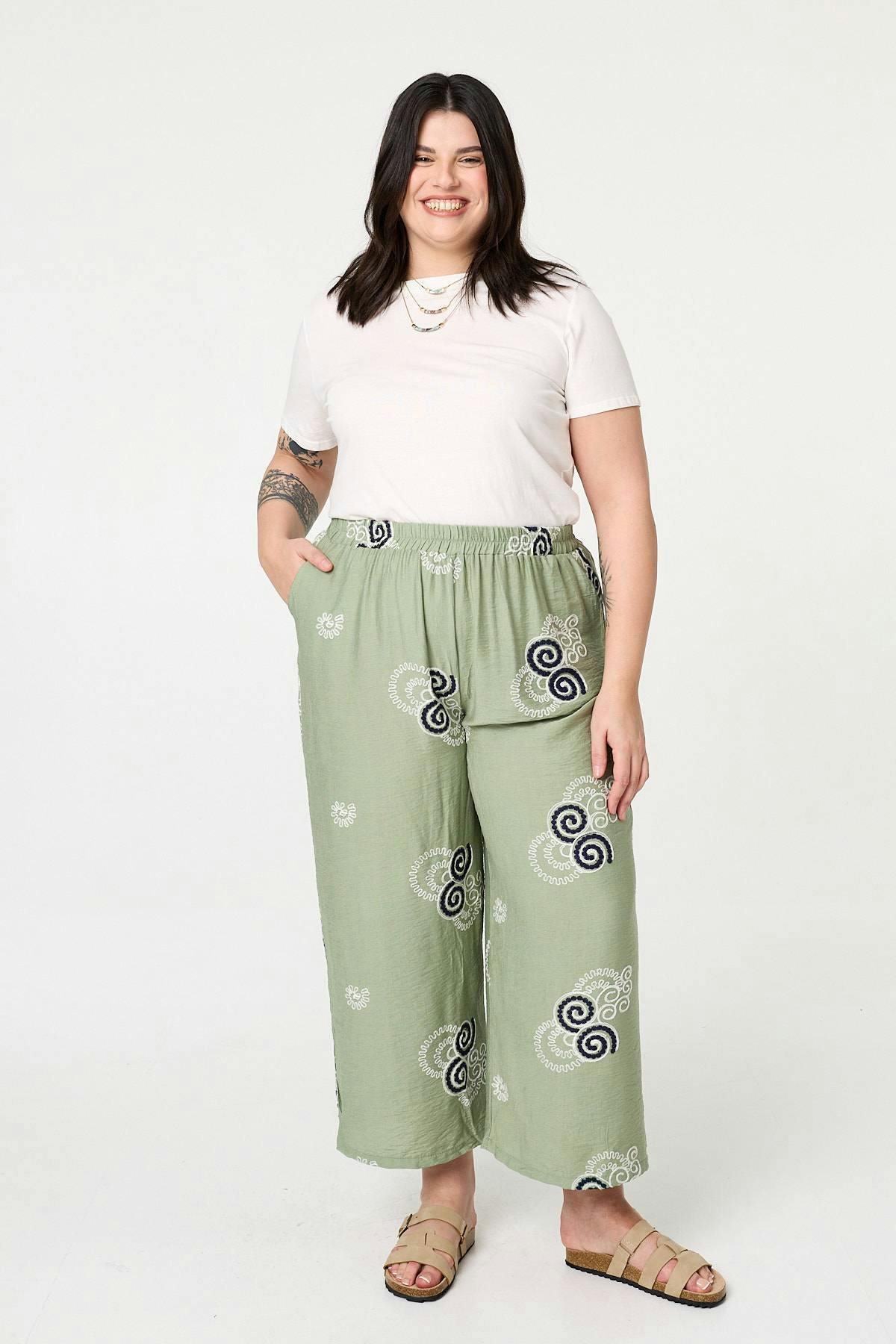 Izabel London Curve Embroidered Relaxed Trousers - Khaki - 20/22