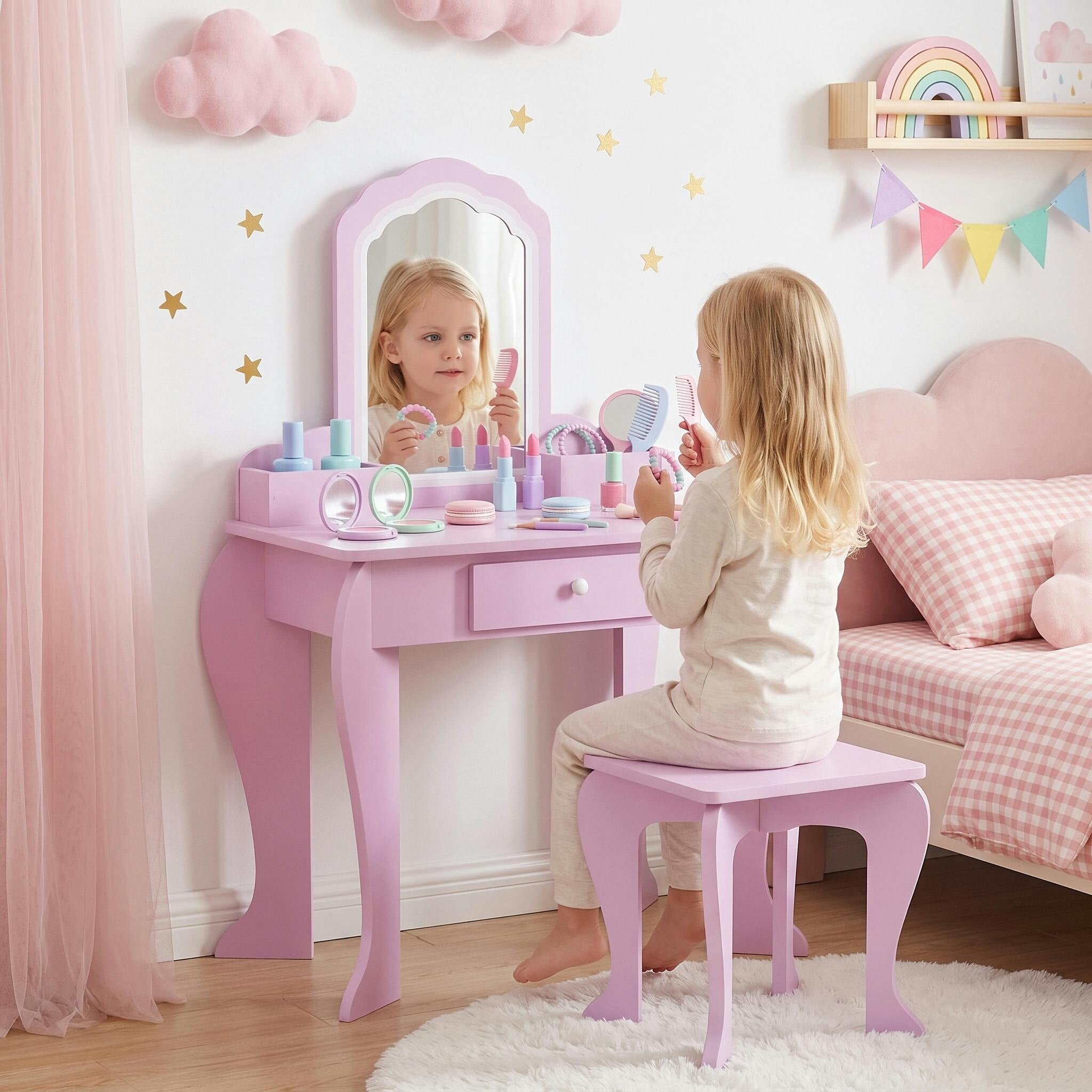 Zonekiz Pink Kids Dressing Table, Cloud Design W/ Mirror, Stool, Drawer, Storage Box