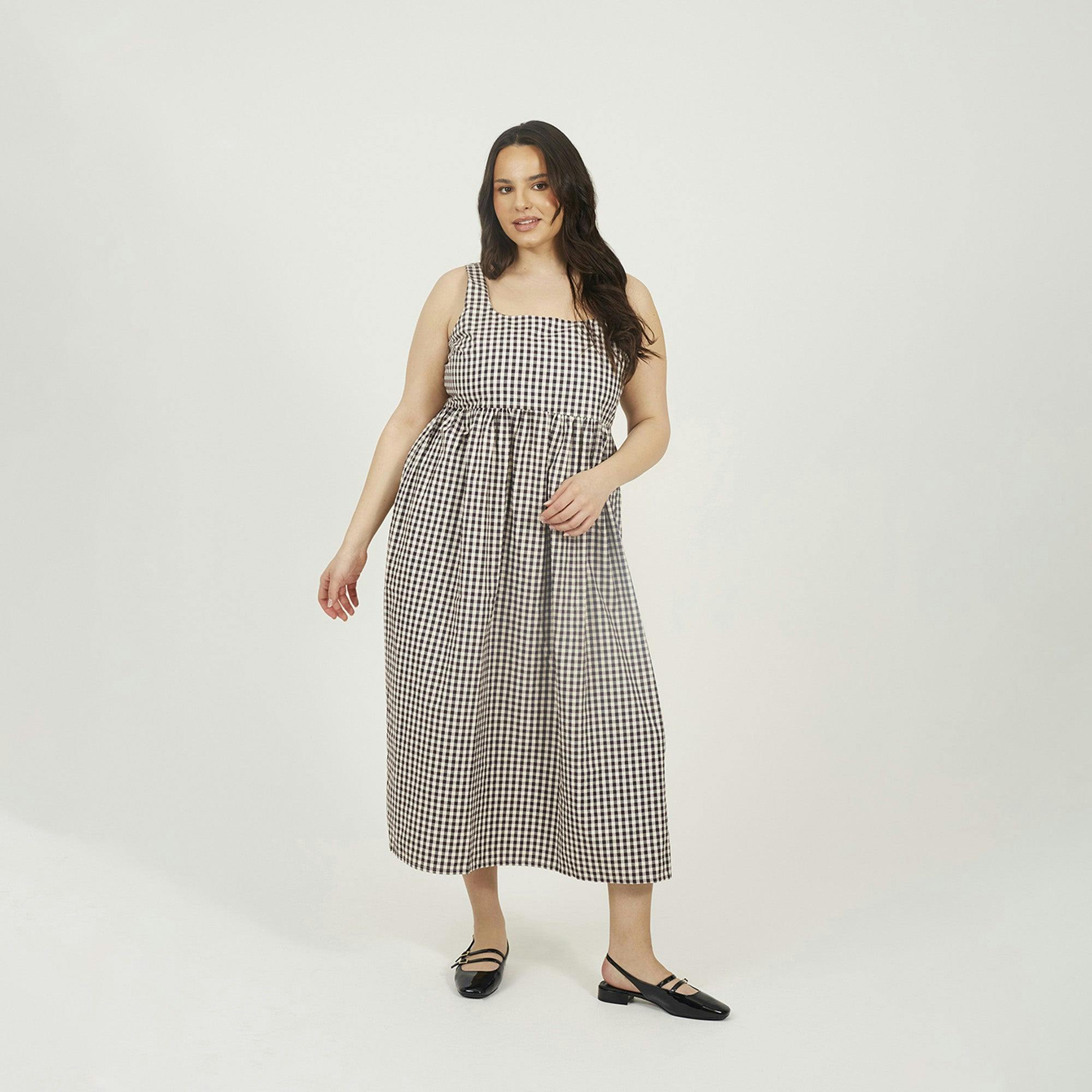 Brave Soul Burgundy Plus Check Sleeveless Dress With Shirred Back - 22