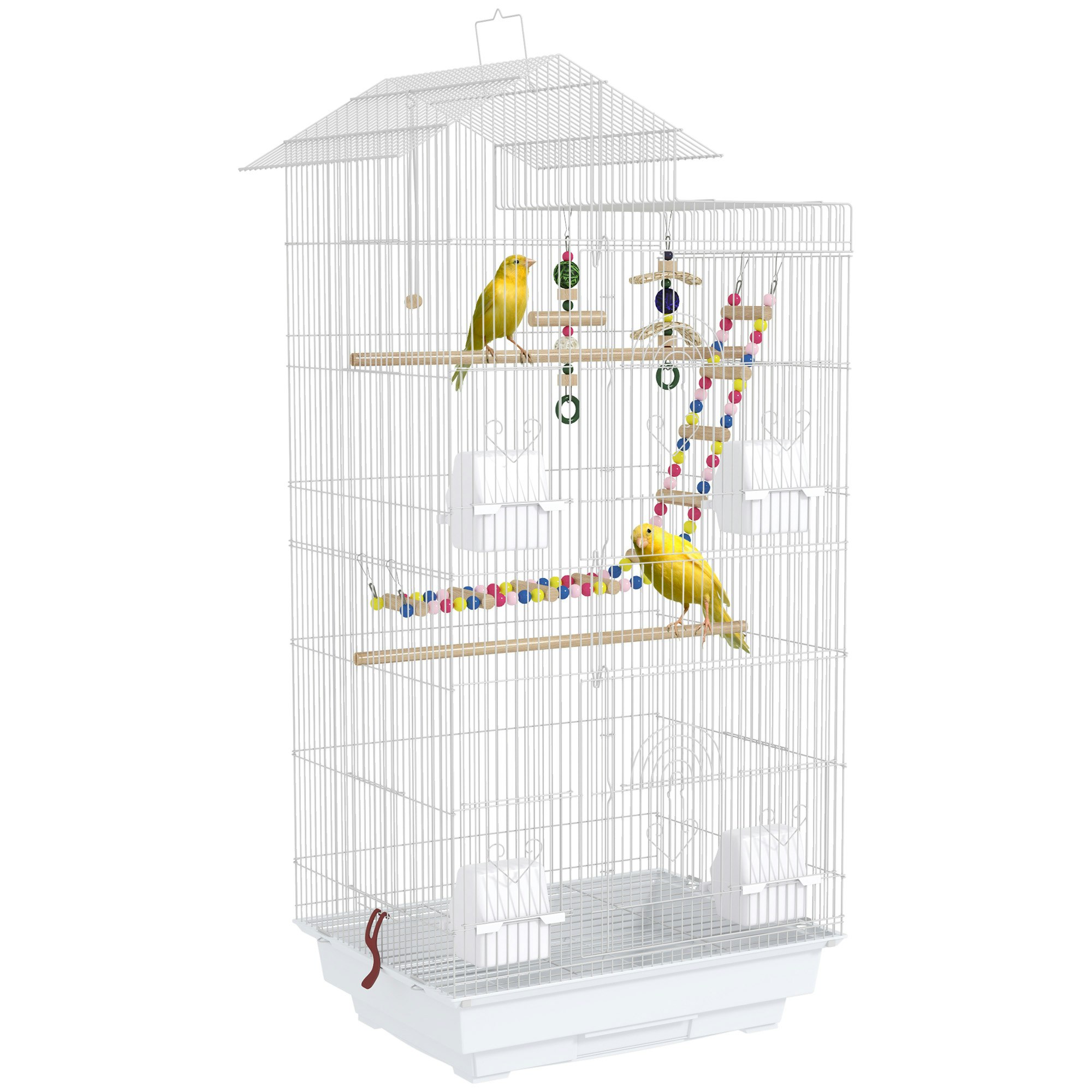 Pawhut White Bird Cage For Budgies, Finches, Canaries W/ Toys, Tray, - Steel, Pp, Wood - Size 1