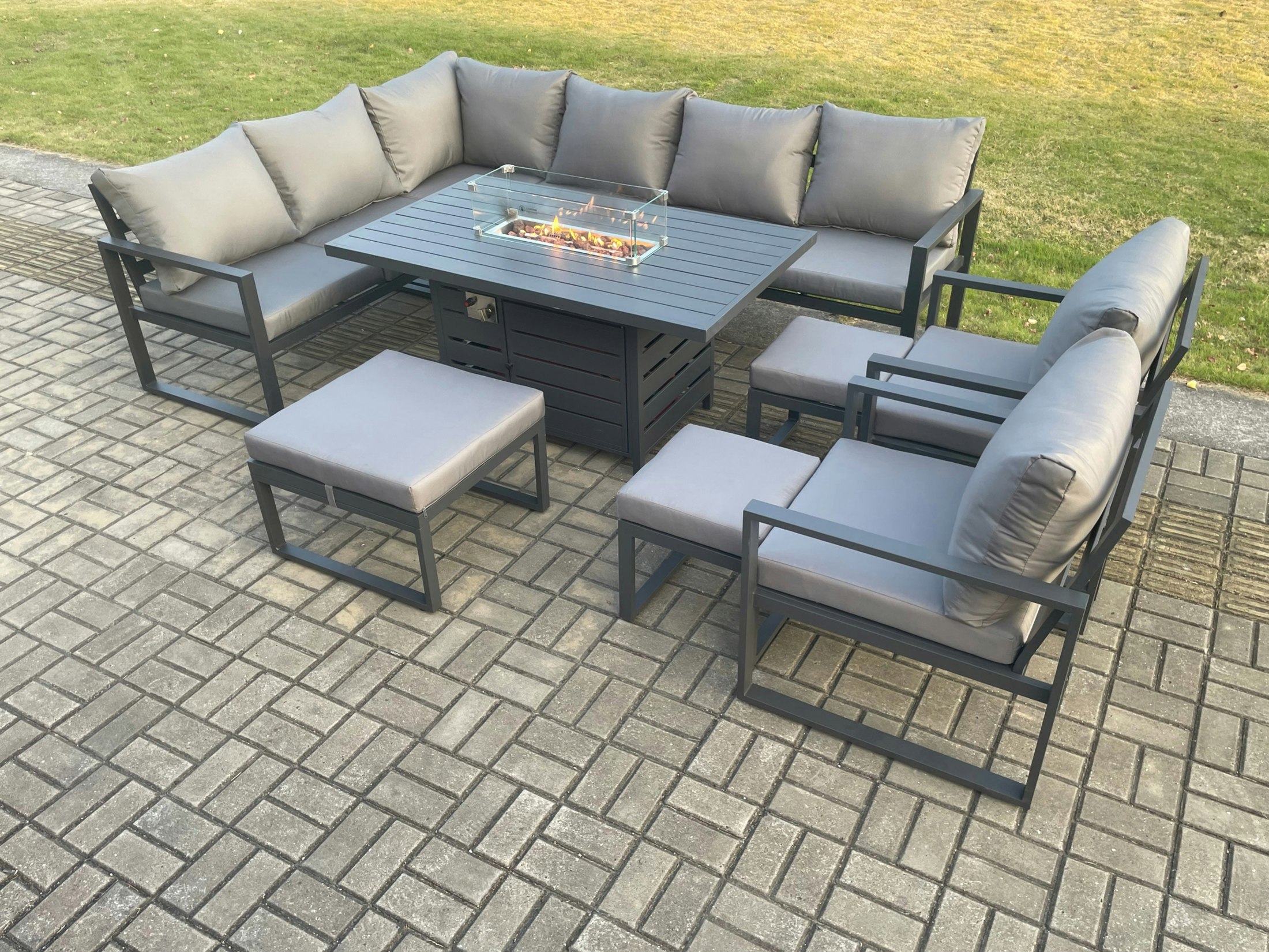 Rackhams Dark/Grey Aluminium 10 Pieces Garden Furniture Corner Sofa Set With Cushions Gas Fire Pit Dining Table Set With 2 Chairs 3 Footstools