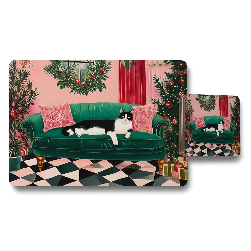 Rackhams Green Cat On Velvet Sofa Placemat Coaster Set Christmas Decor