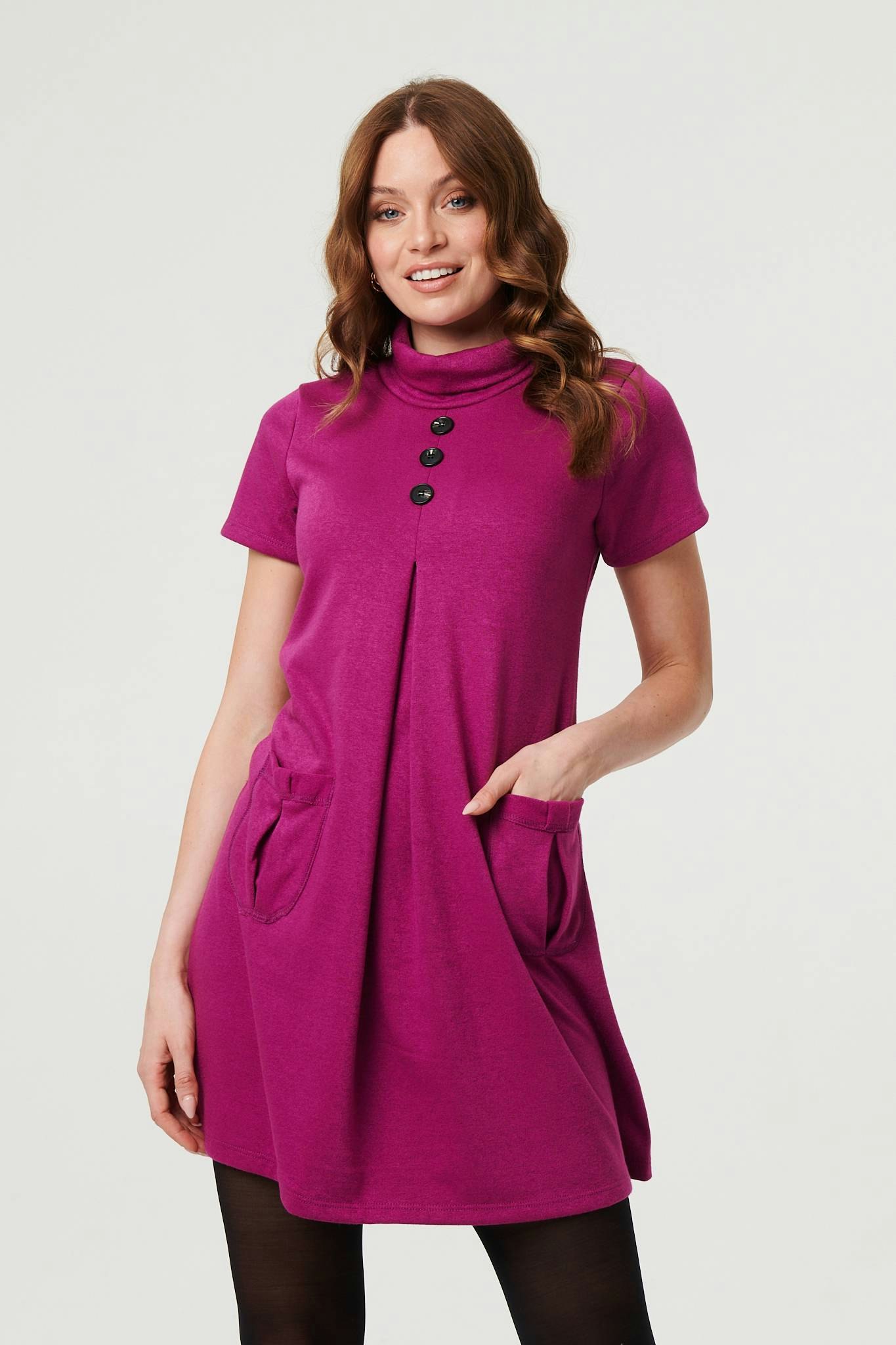 Izabel London Purple Cowl Neck Button Front Short Shift Dress - 12