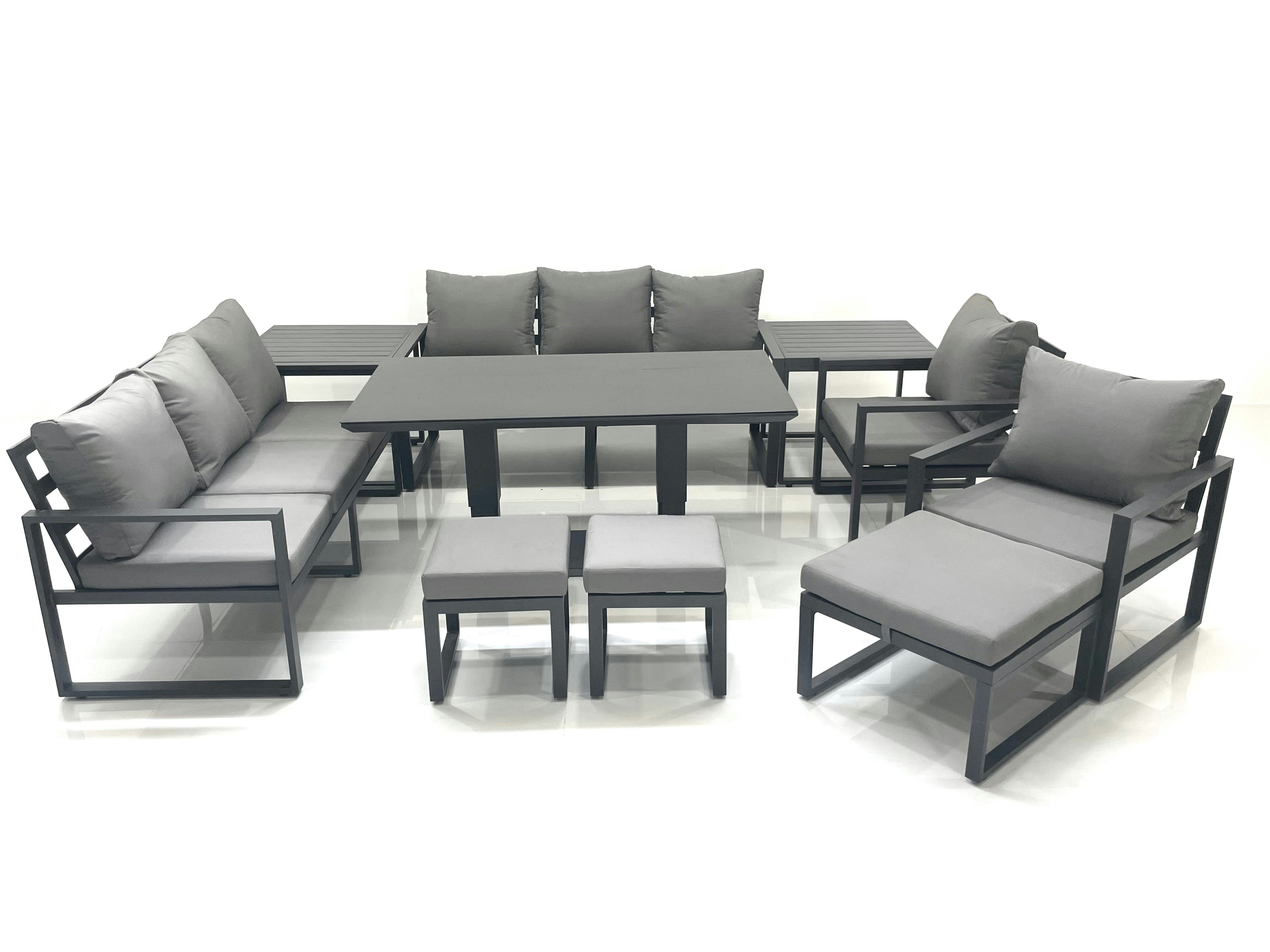 Fimous Dark/Grey Garden Sofa Set Aluminium Furniture Rising Dining Tabe Set With 2 Chair 3 Footstools 2 Side Tables