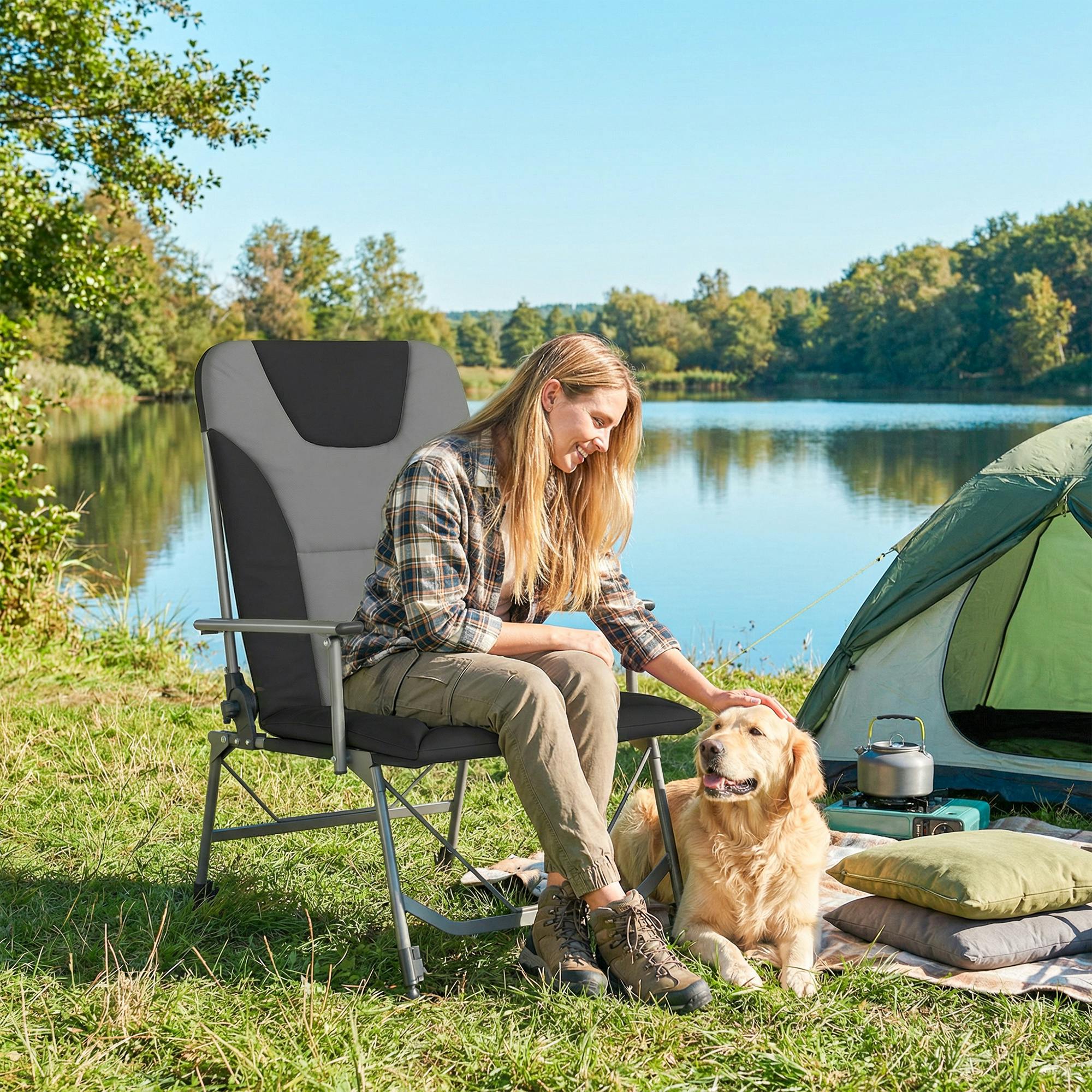 Outsunny Black/Grey Camping Chair Reclining Padded For Adults - Camping Chair - 95 X 63 X 112 Cm