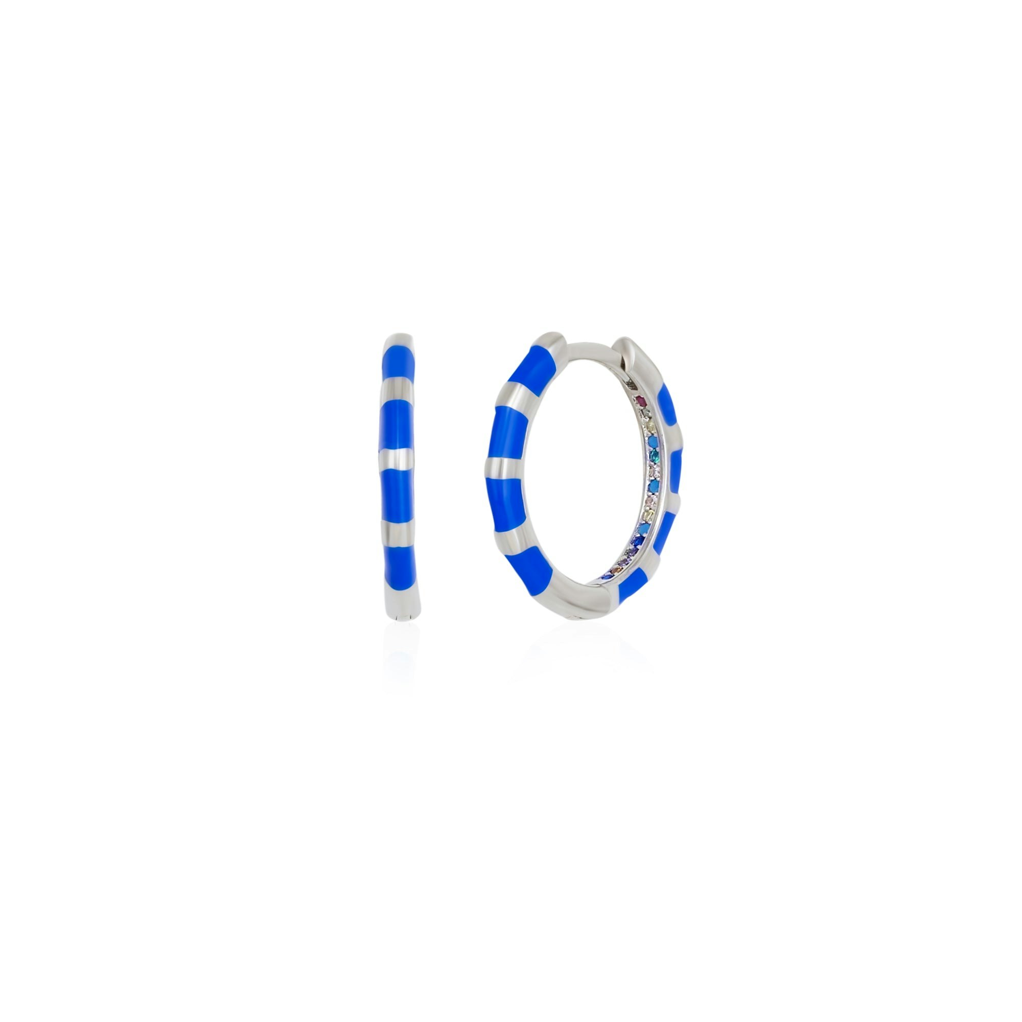 Spero London Blue/Silver Enamel Fine Stripe Sterling Hoop Earrings With Multicolor Zirconia Interior