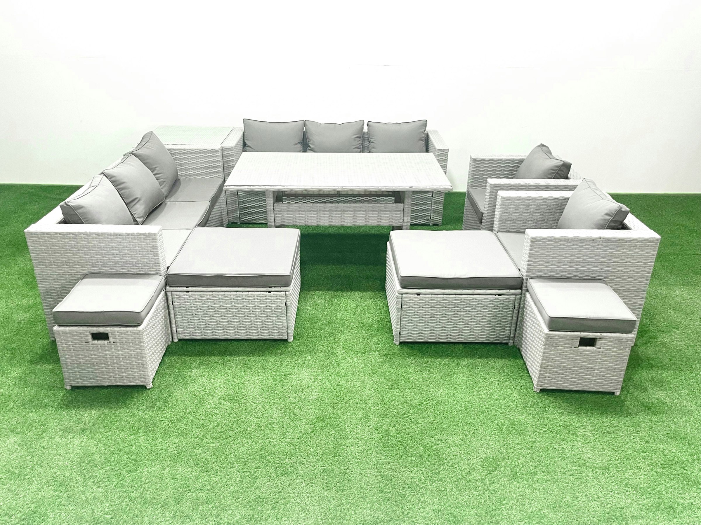 Fimous Light/Grey Rattan Garden Furniture Dining Set 12 Seater Lounge Sofa Chair Dining Table Set With 4 Footstools Side Table Mixed