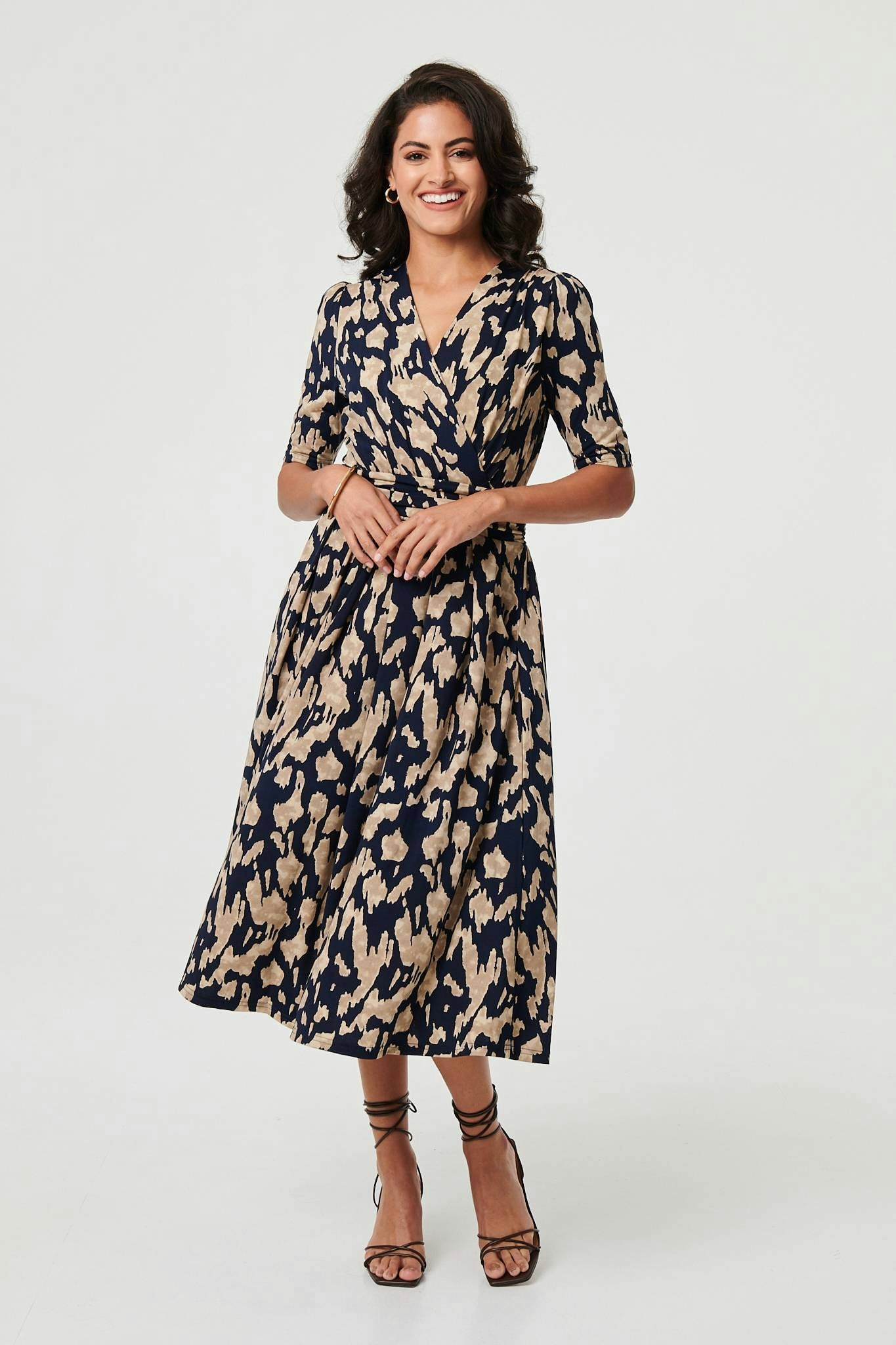 Izabel London Printed Ruched 1/2 Sleeve Midi Dress - Navy - 8