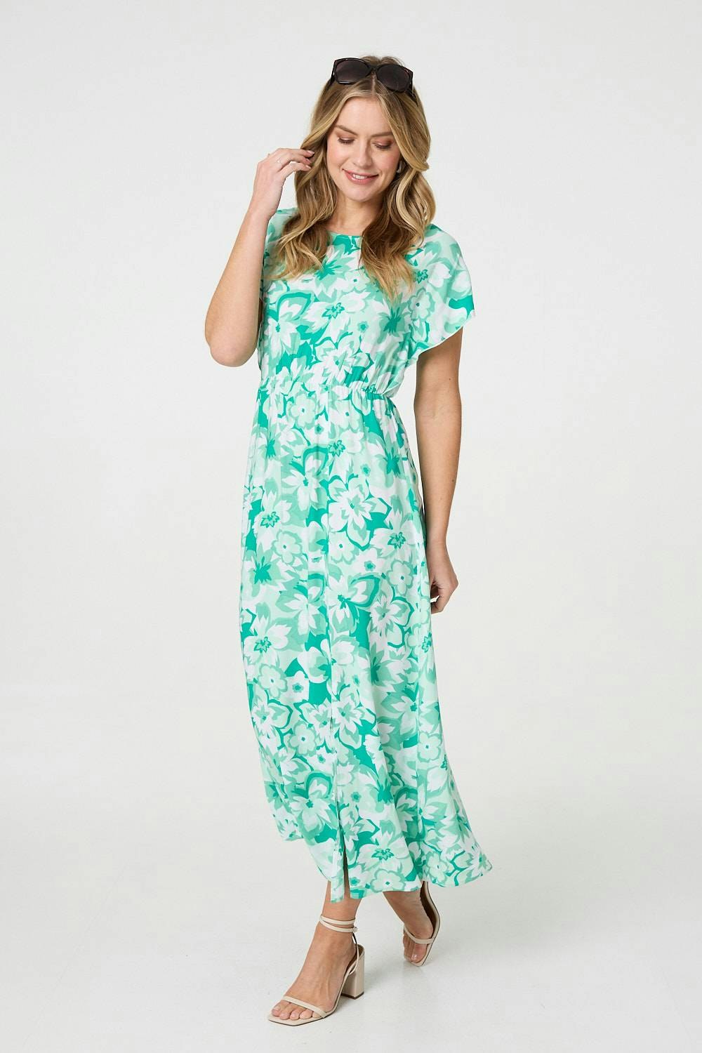 Izabel London Green Floral Short Sleeve Maxi Dress - 8