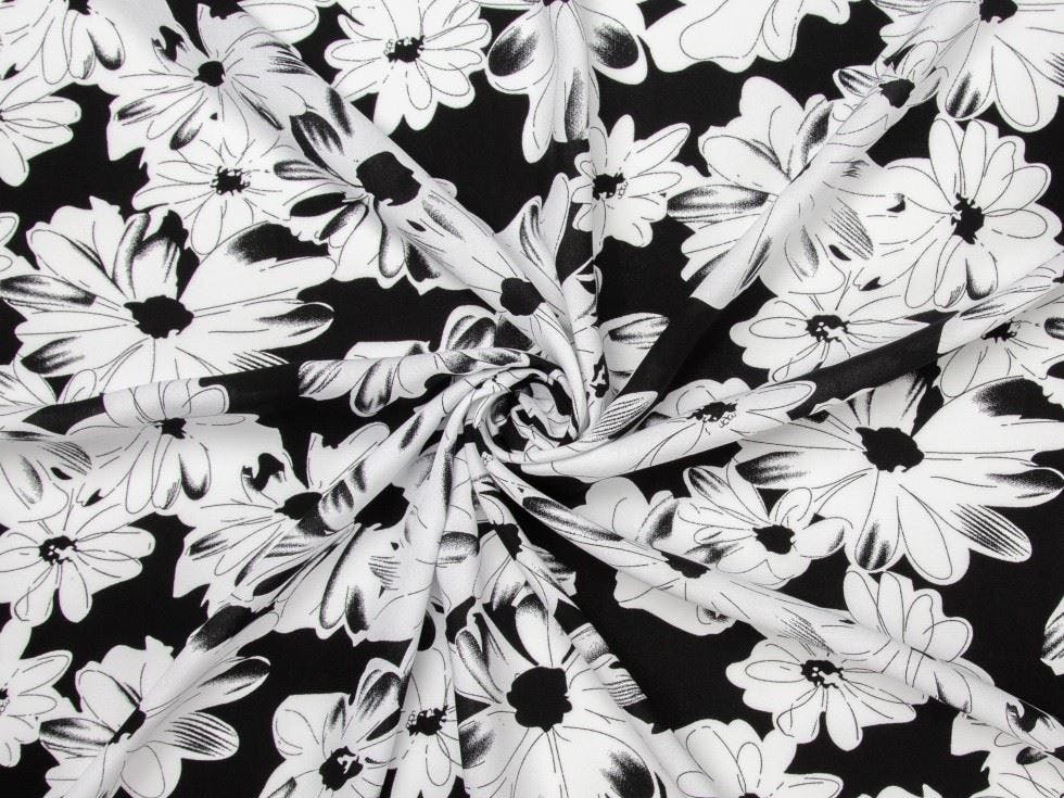 Minerva Core Range Black Minerva Deadstock Viscose Challis Fabric - Flowers Design Dressmaking Fabric, 140 Cm / 56" Wide - Per Metre