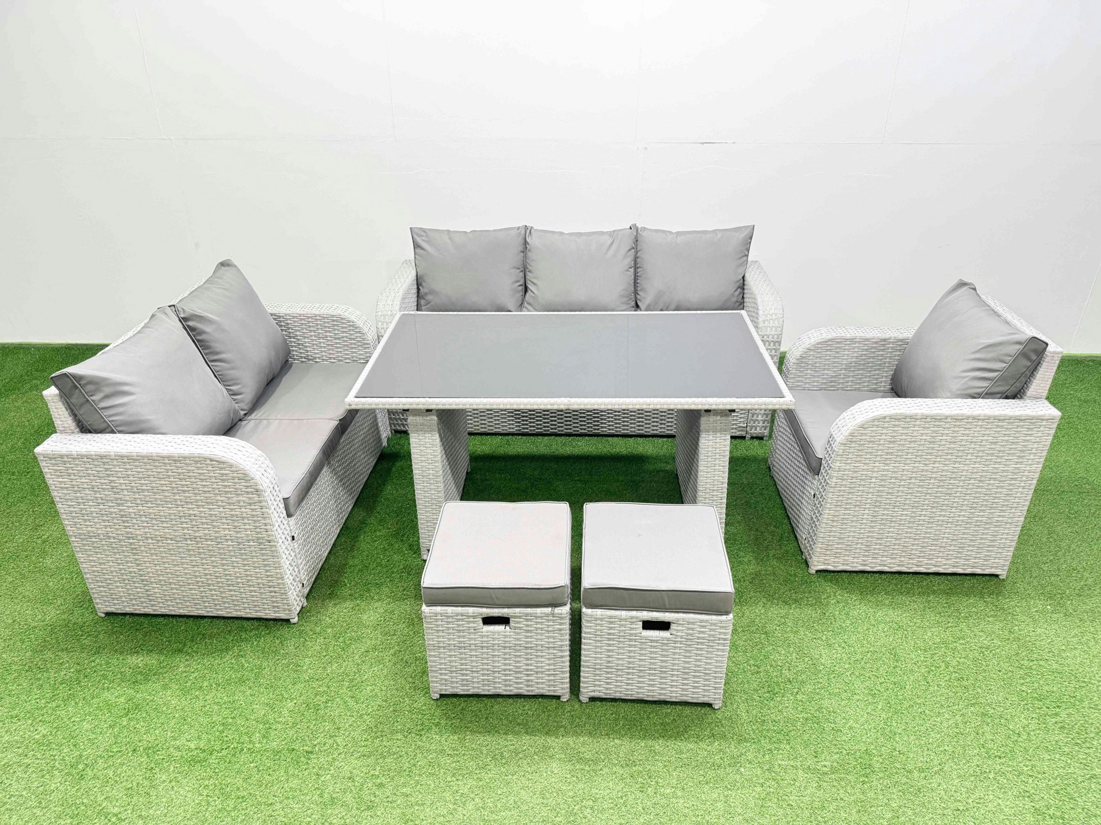 Rackhams Light/Grey Rattan Outdoor Table Reclining Chair Sofa Set With 2 Small Stools 8 Seater