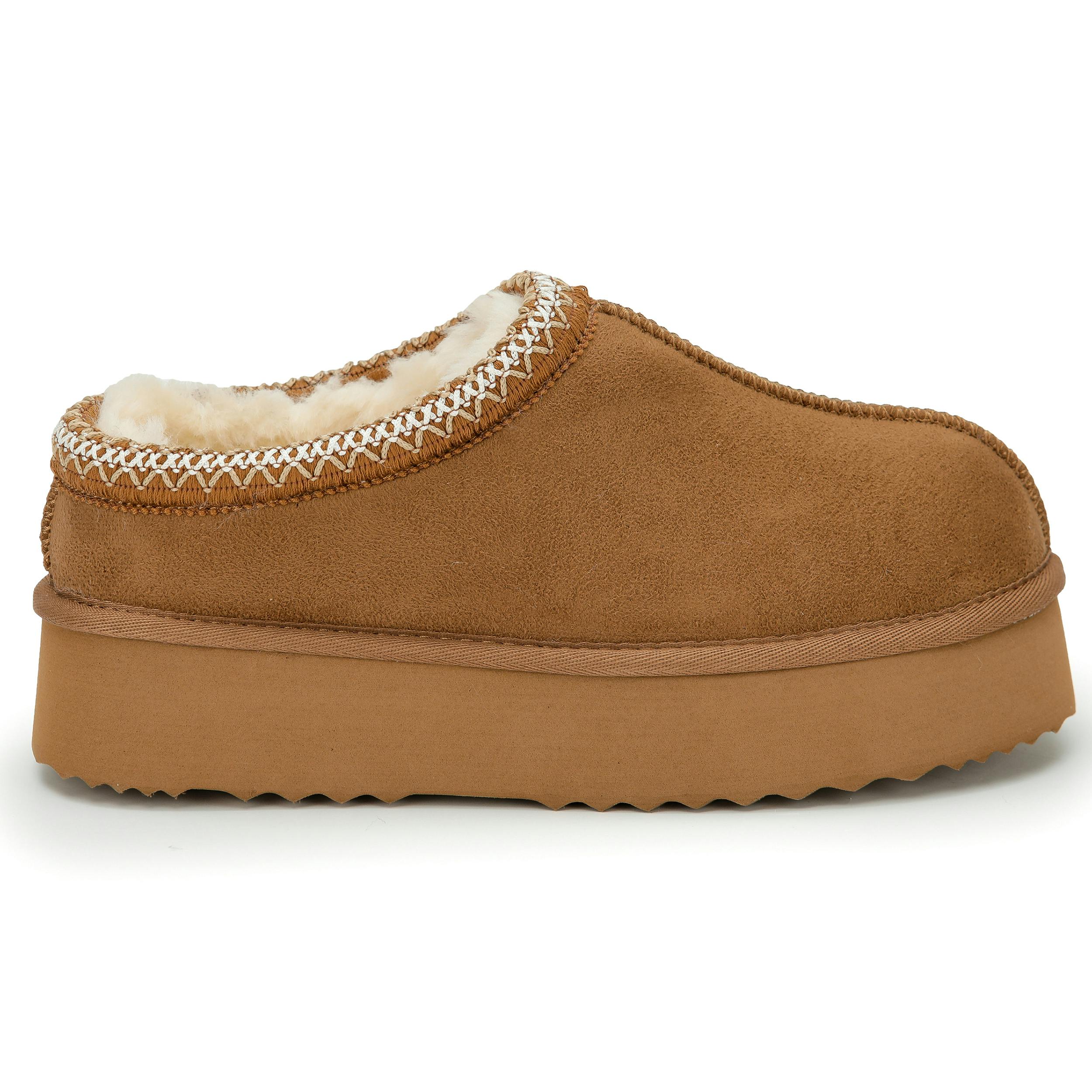 Viva Women's Mia: Platform Sheepskin Lined Slip Ons Anti Slip Rubber Soles - 6 - Chestnut