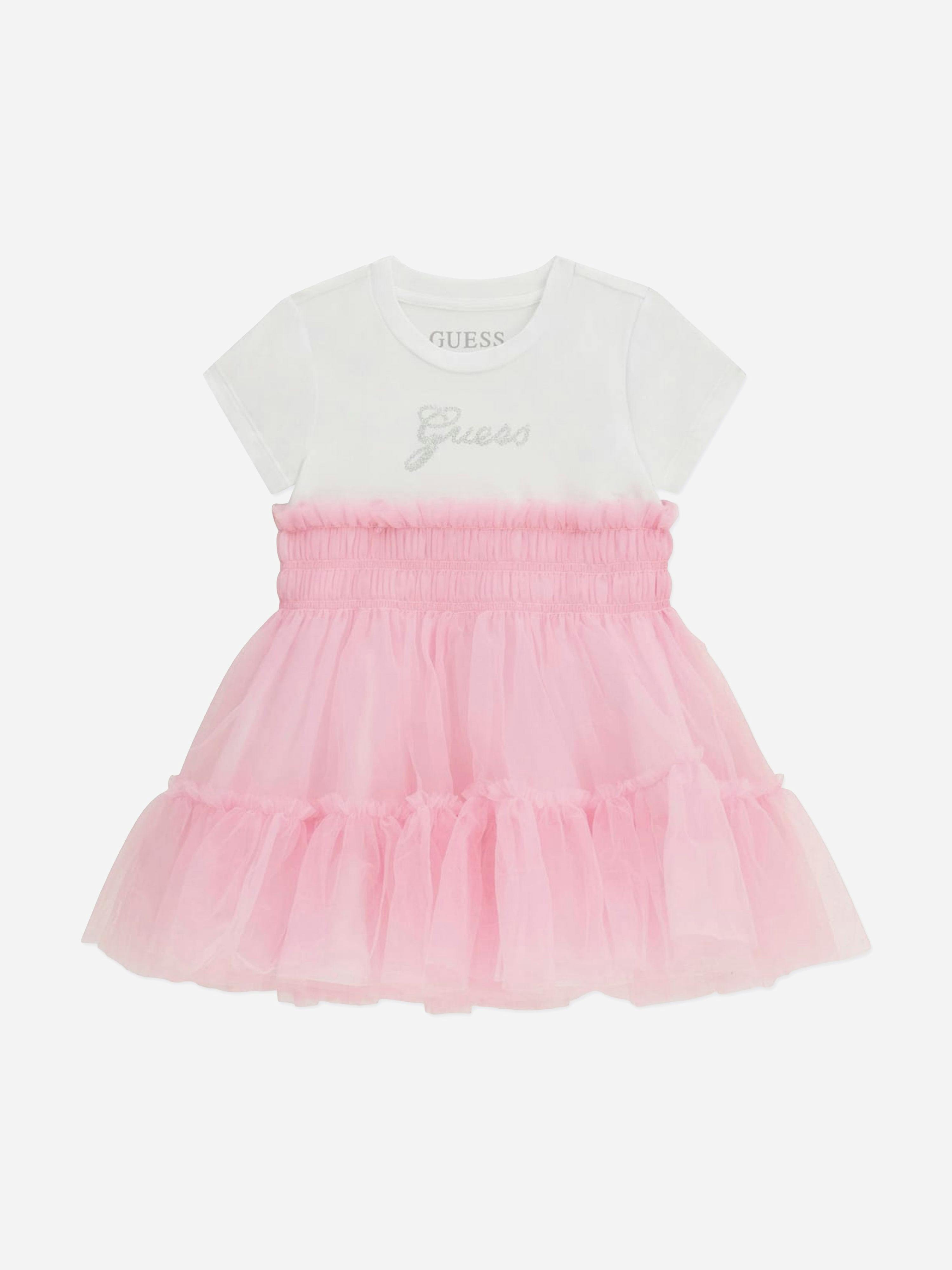 Guess Girls Pink Mixed Fabric Dress In - 4 Yrs