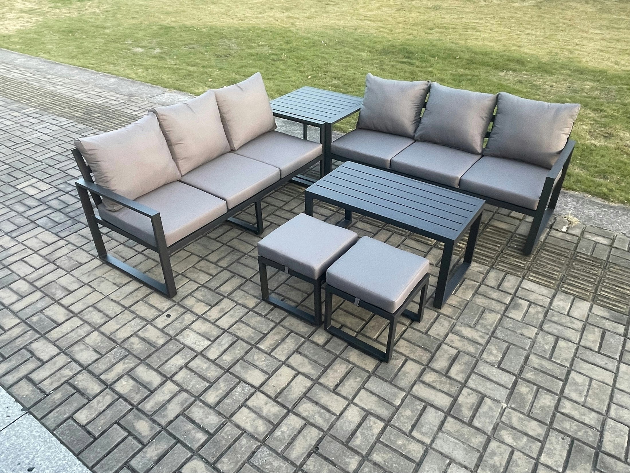 Rackhams Dark/Grey Aluminium Patio Outdoor Garden Furniture Lounge Sofa Set With Oblong Coffee Table 2 Small Footstools Side Table