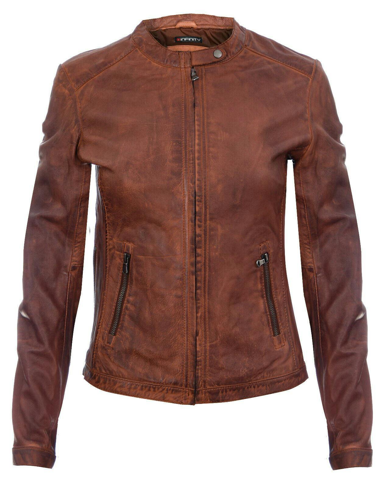 Infinity Leather Women's Tan Leather Biker Jacket-Prague - Tan - Uk 5XL/24 | Eu 50 | Us 20