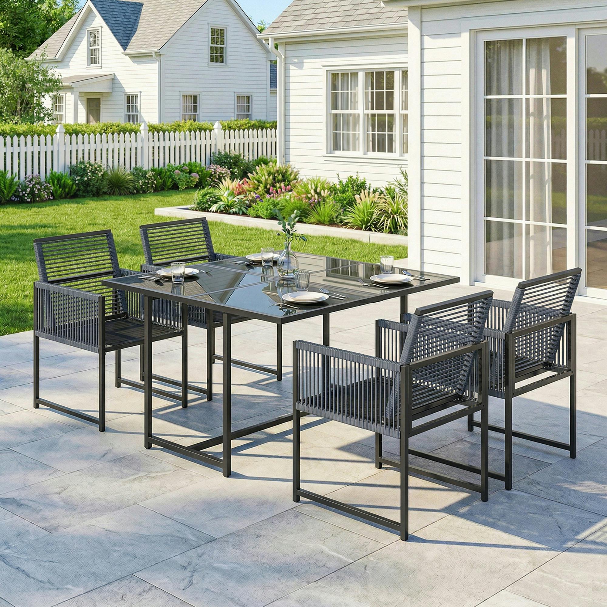 Rackhams Dark/Grey Garden Dining Set, Outdoor Table And Chairs With Foldable Backrest - 1 Table, 4 Chairs - 120