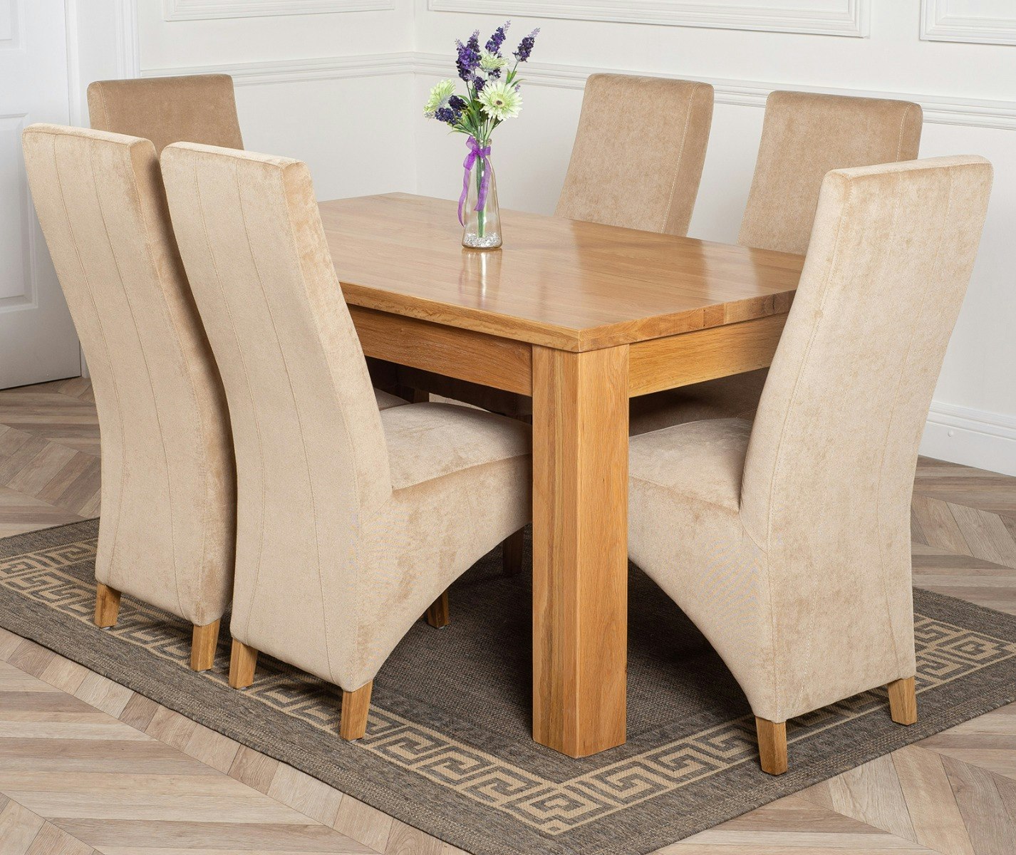 That's Furniture Beige Dakota Oak Dining Table With Lola Fabric Chairs - 6 Chairs Medium