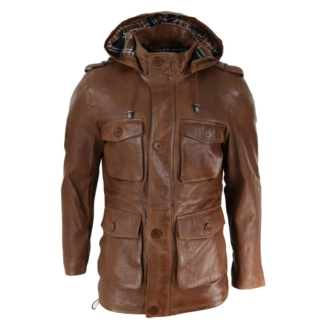 Infinity Leather Men's Leather Company 3/4 Long Leather Duffle Jacket Coat Safari Detachable Hood Military - Tan - Large