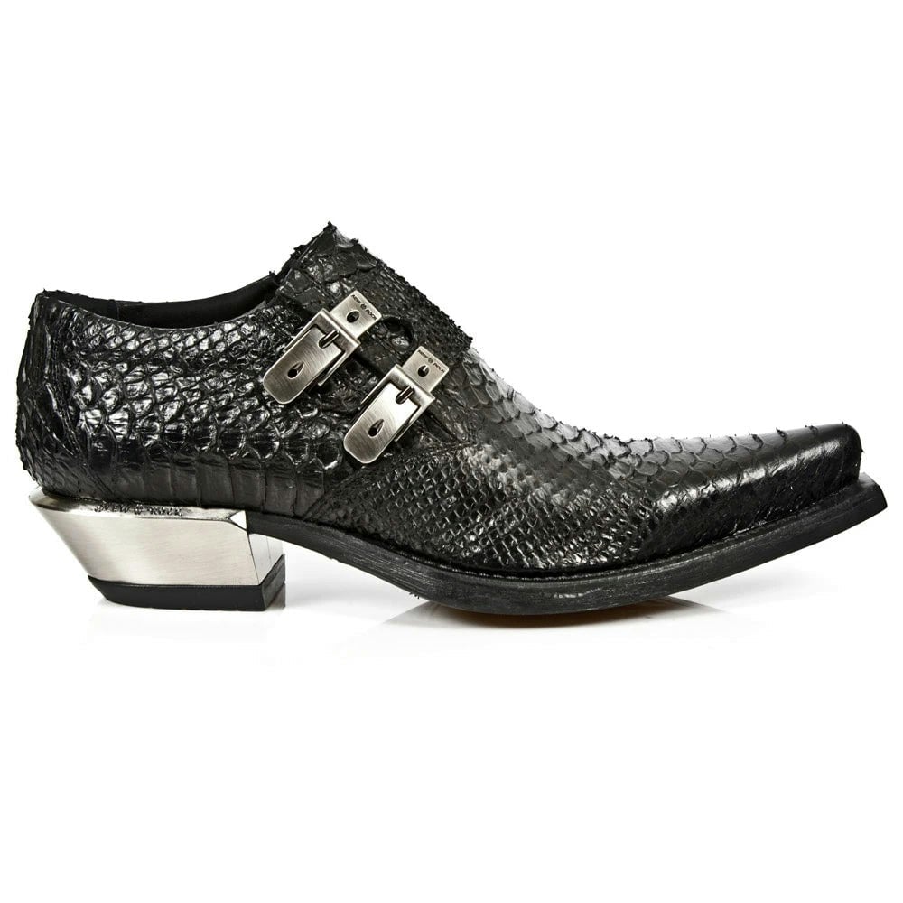 New Rock Black 7934-S2 Embossed Python Leather Buckle West Steel Heel Shoes Boot - Eu 43