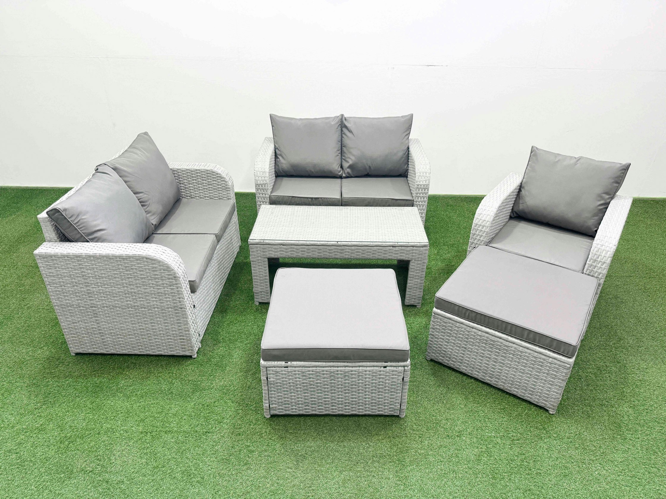 Rackhams Light/Grey High Back Poly Rattan Garden Furniture Set - Indoor/Outdoor Patio Set With Reclining Chair & Oblong Coffee Table
