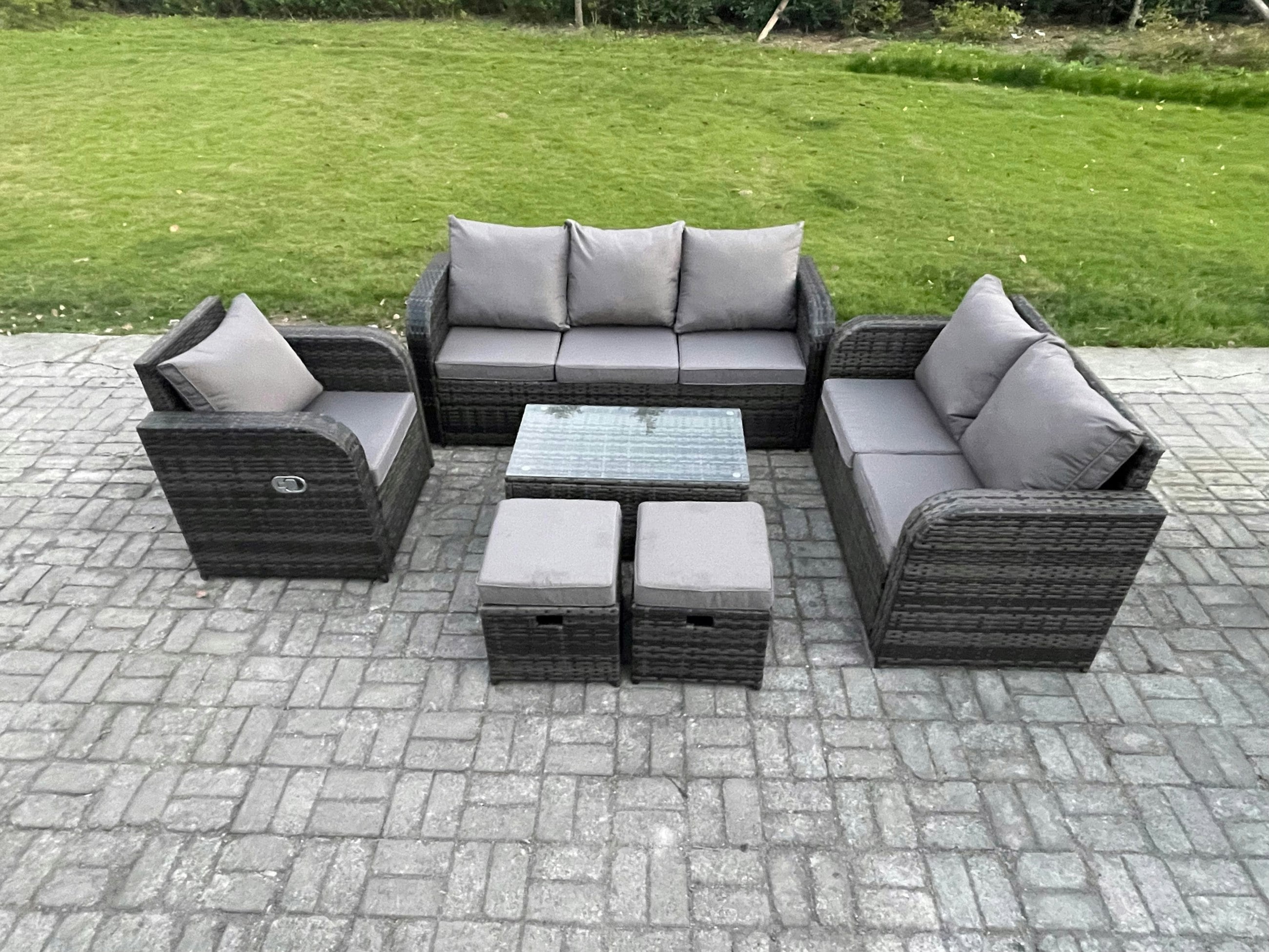Fimous Dark/Grey Outdoor Garden Furniture Sets 6 Pieces Wicker Rattan Furniture Sofa Sets With Rectangular Coffee Table Loveseat Sofa 2 Small Footstools