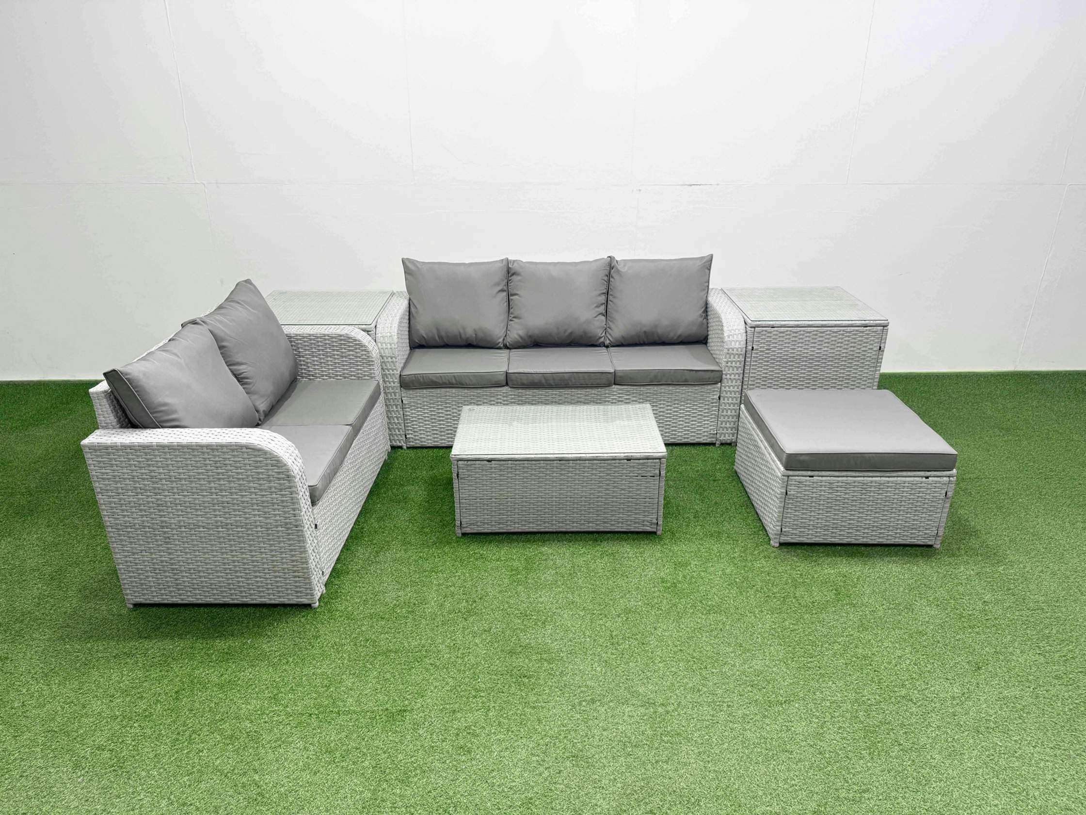 Fimous Light/Grey/Dark 6-Seater Pe Rattan Outdoor Sofa Set | Rectangular Coffee Table, 3-Seater Sofa, Loveseat, Large Footstool, 2 Side Tables