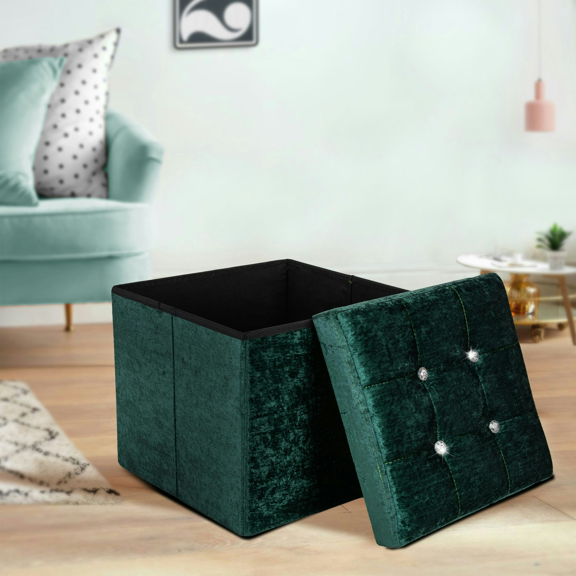 Rackhams Green Crushed Velvet Storage Ottoman - 38Cm X 38Cm Foldable