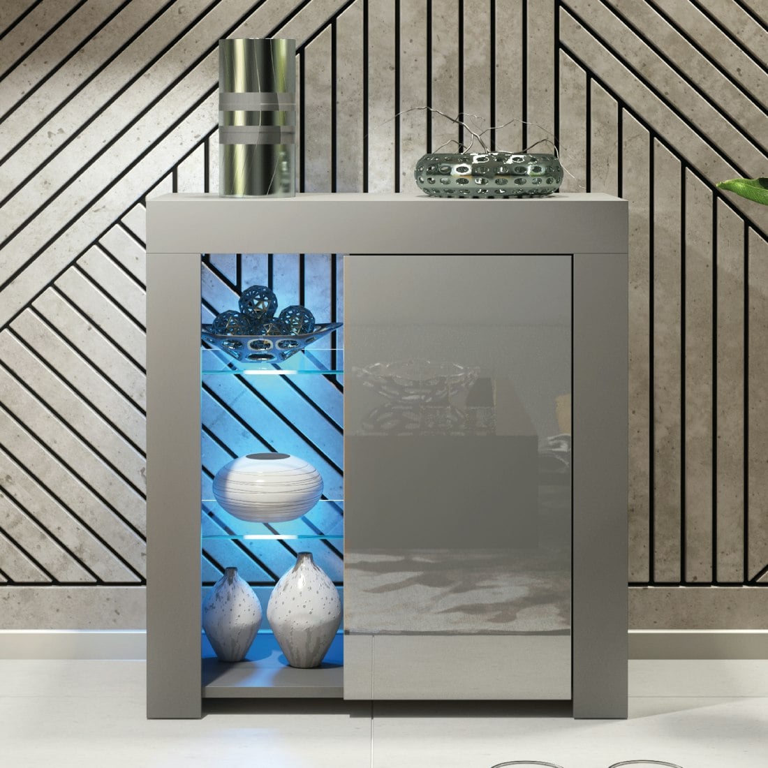 Mex Furniture Grey/Dark 83Cm Cabinet Cupboard Sideboard With High Gloss Door And Free Led Lights - 83 Cm - Mdf/Chipboard - Matt Body & Gloss Door
