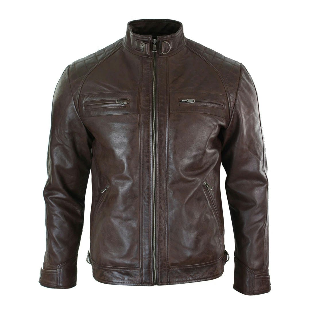 Aviatrix Men's Brown Zipped Short Biker Leather Jacket - 3XL - Model 2