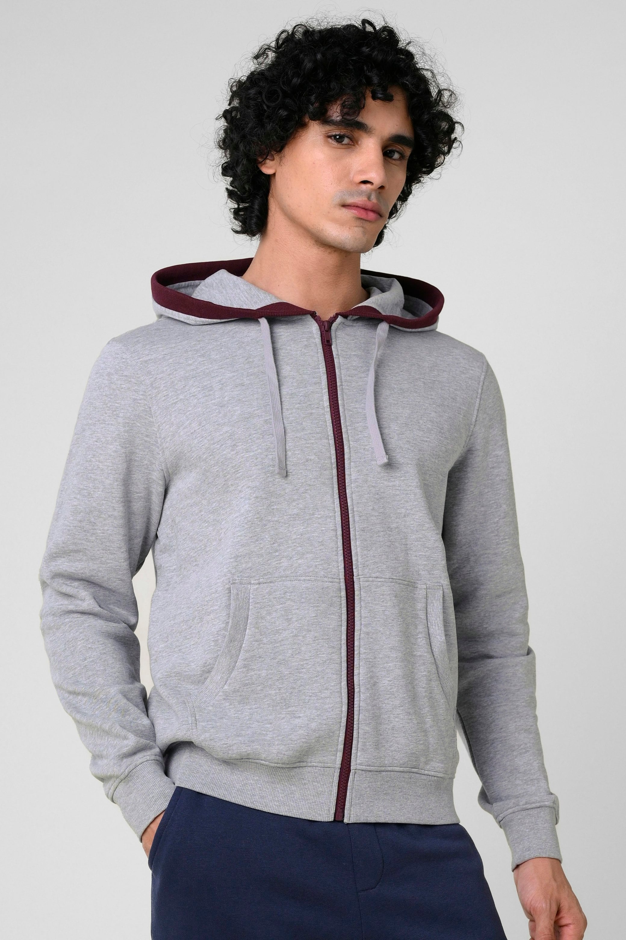 Enorsia Men's Grey Contrast Piping Detail Zip Front Hoodie In | Size: Medium - Image 2