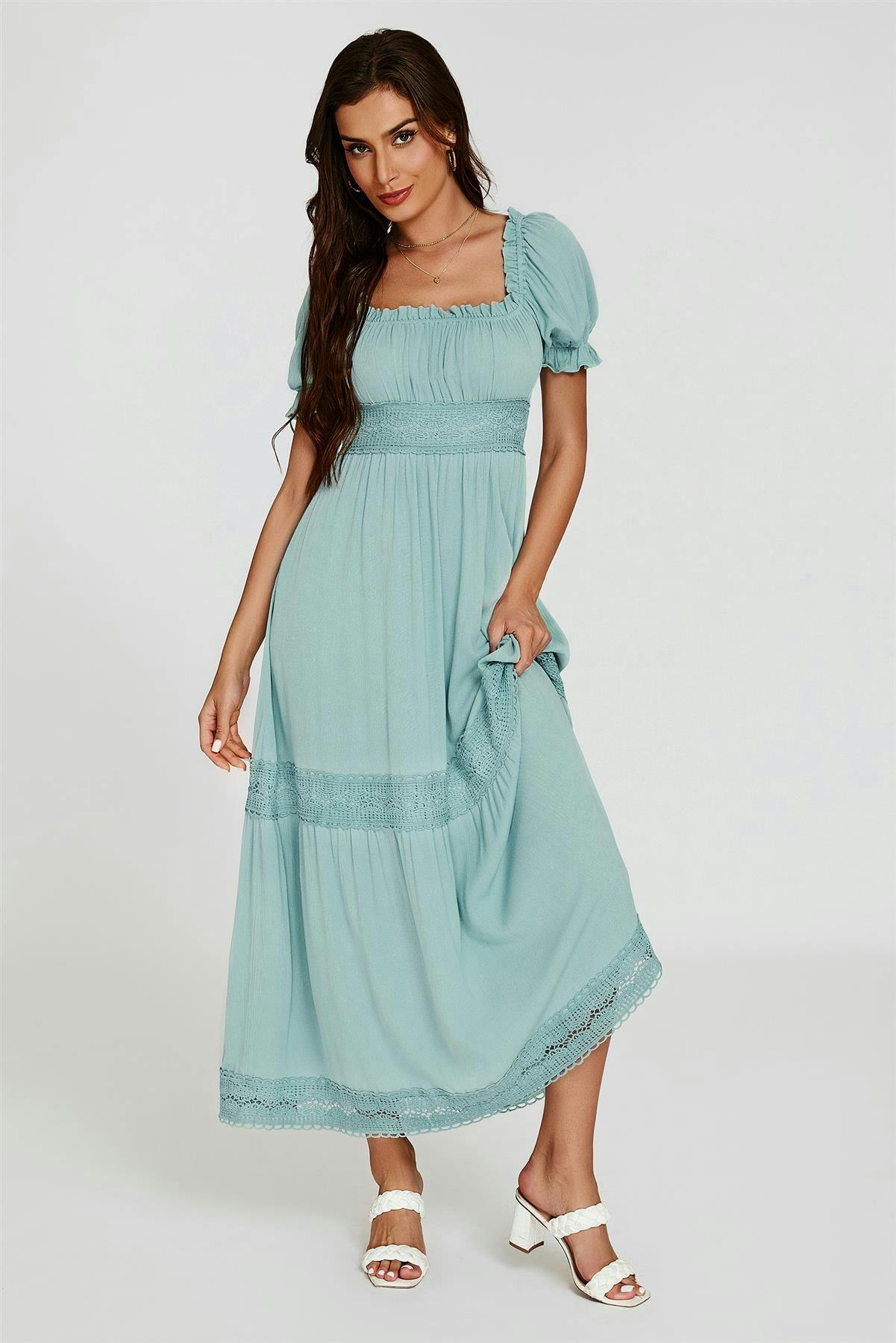 Fs Collection Blue Lace Detail Bardot Maxi Dress In - Xs