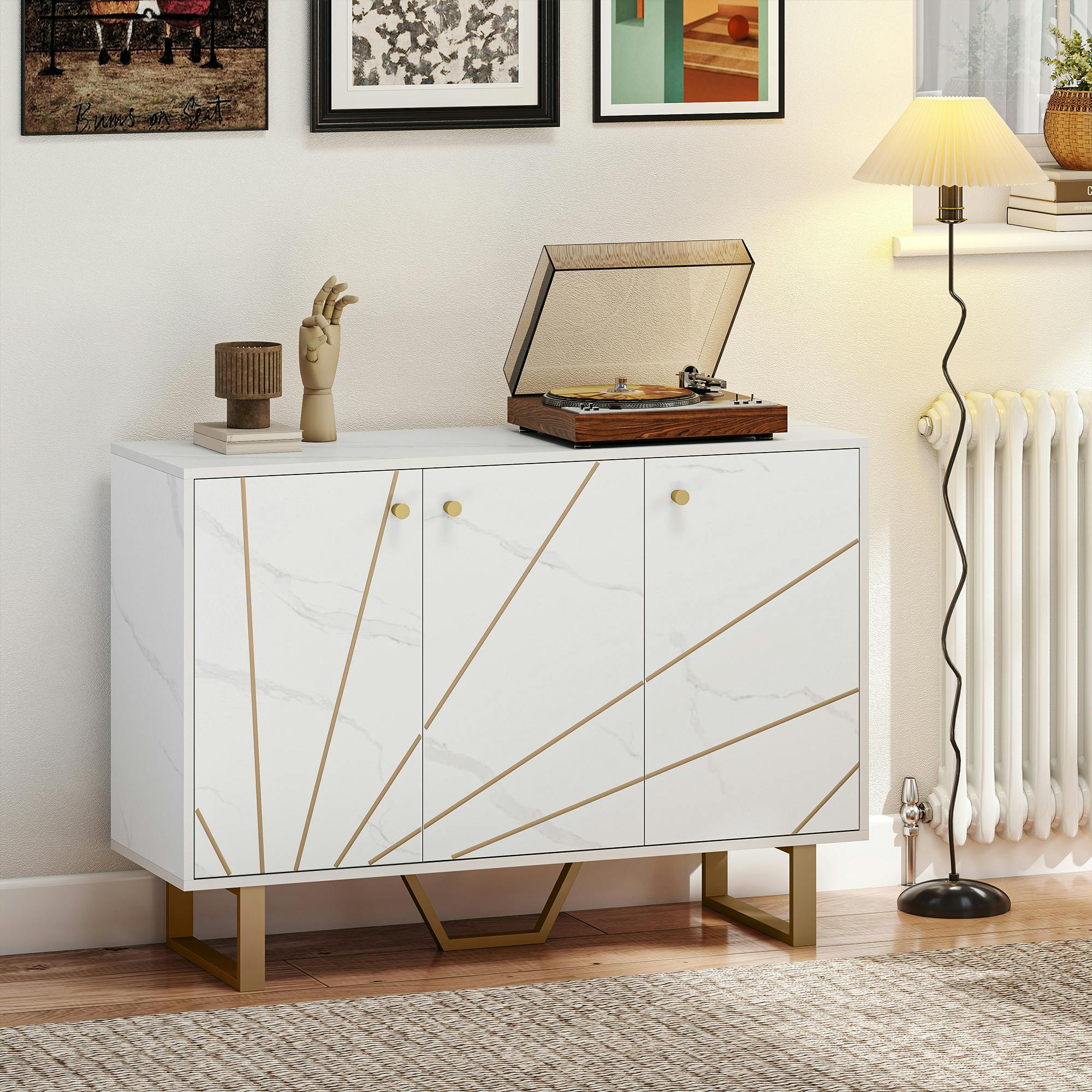 Rackhams Black/White Sideboard Storage Cupboard With Metal Legs For Living Room,