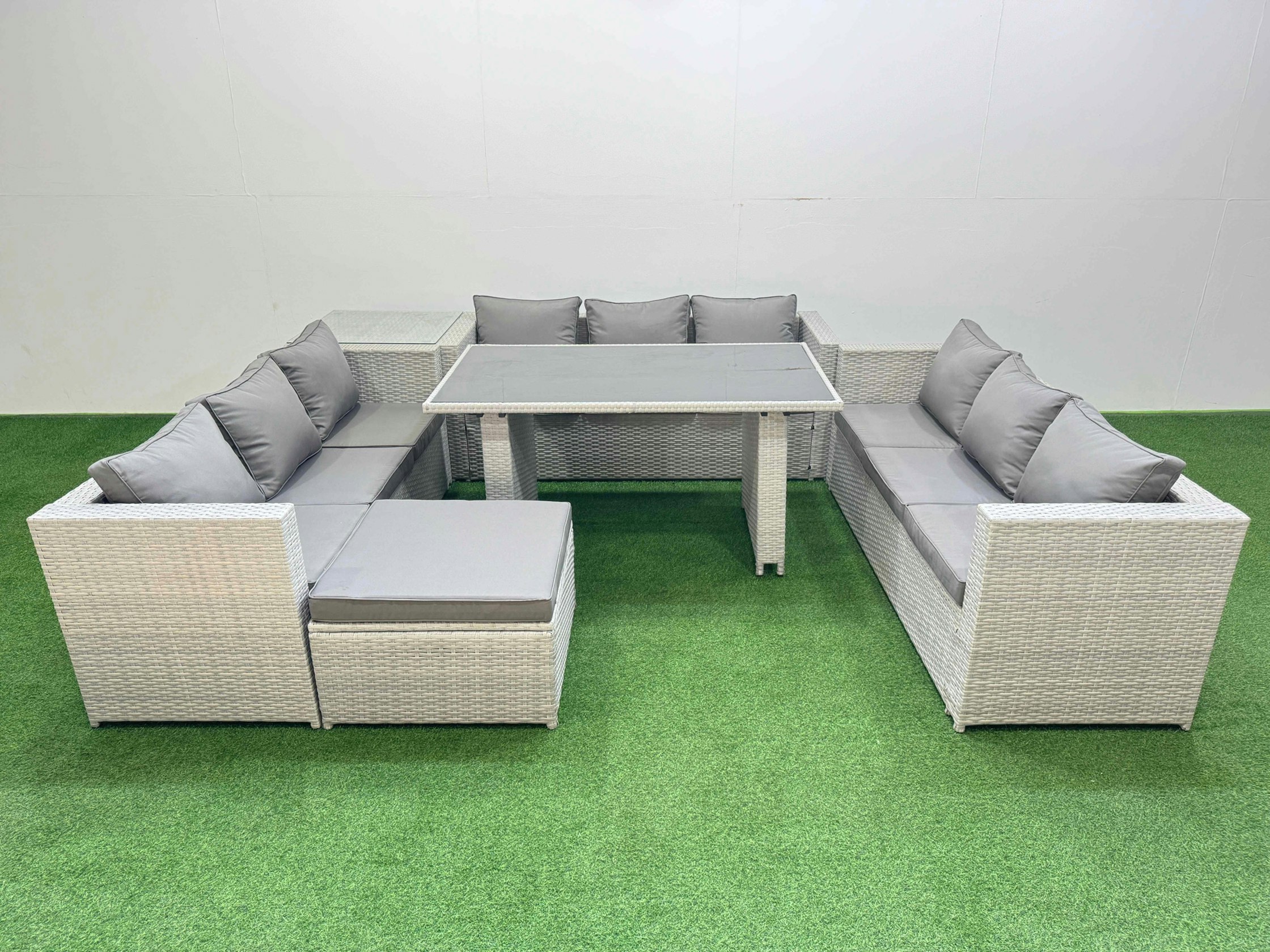 Rackhams Black/Light/Grey Patio Outdoor Garden Furniture Sets With Glass Top Dining Table 3 Seater Sofa Side Table Big Stool