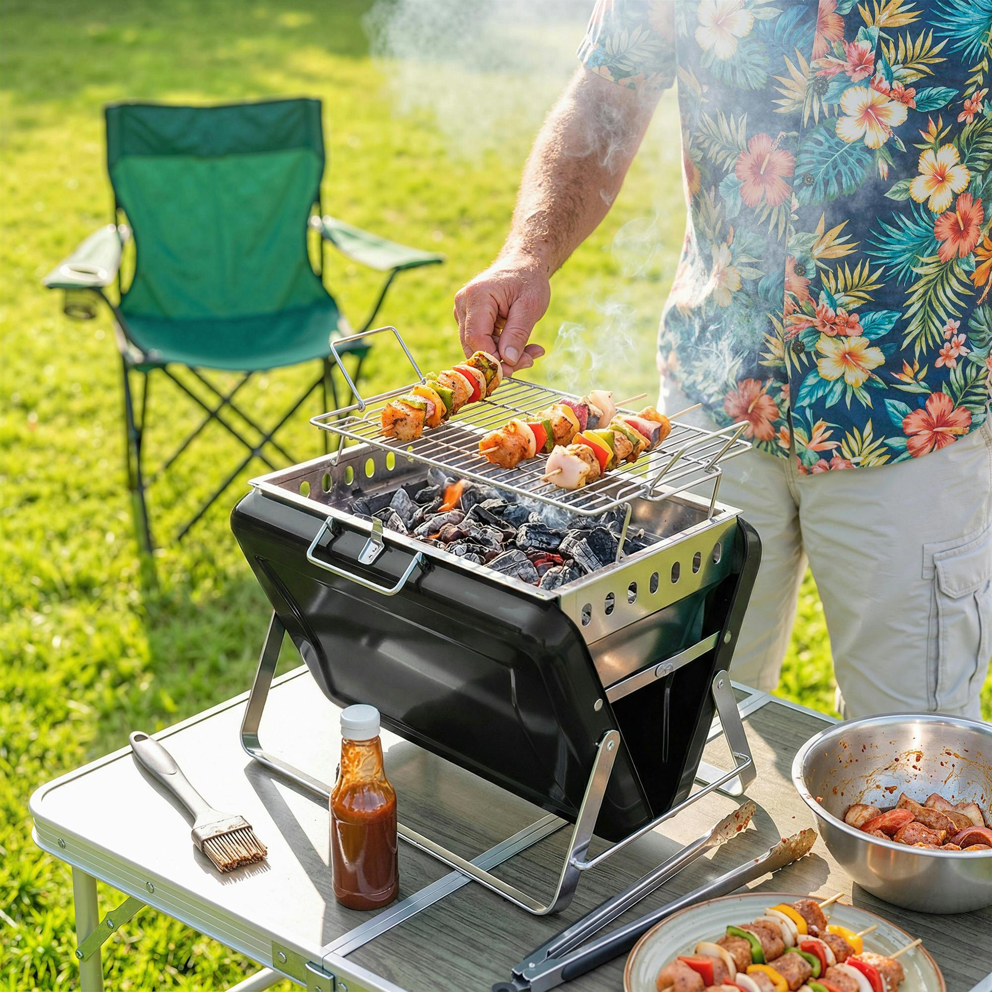 Rackhams Black Charcoal Bbq Grill Portable With Tilting Grate - Charcoal Grill - 40 X 28 X 25.5 Cm