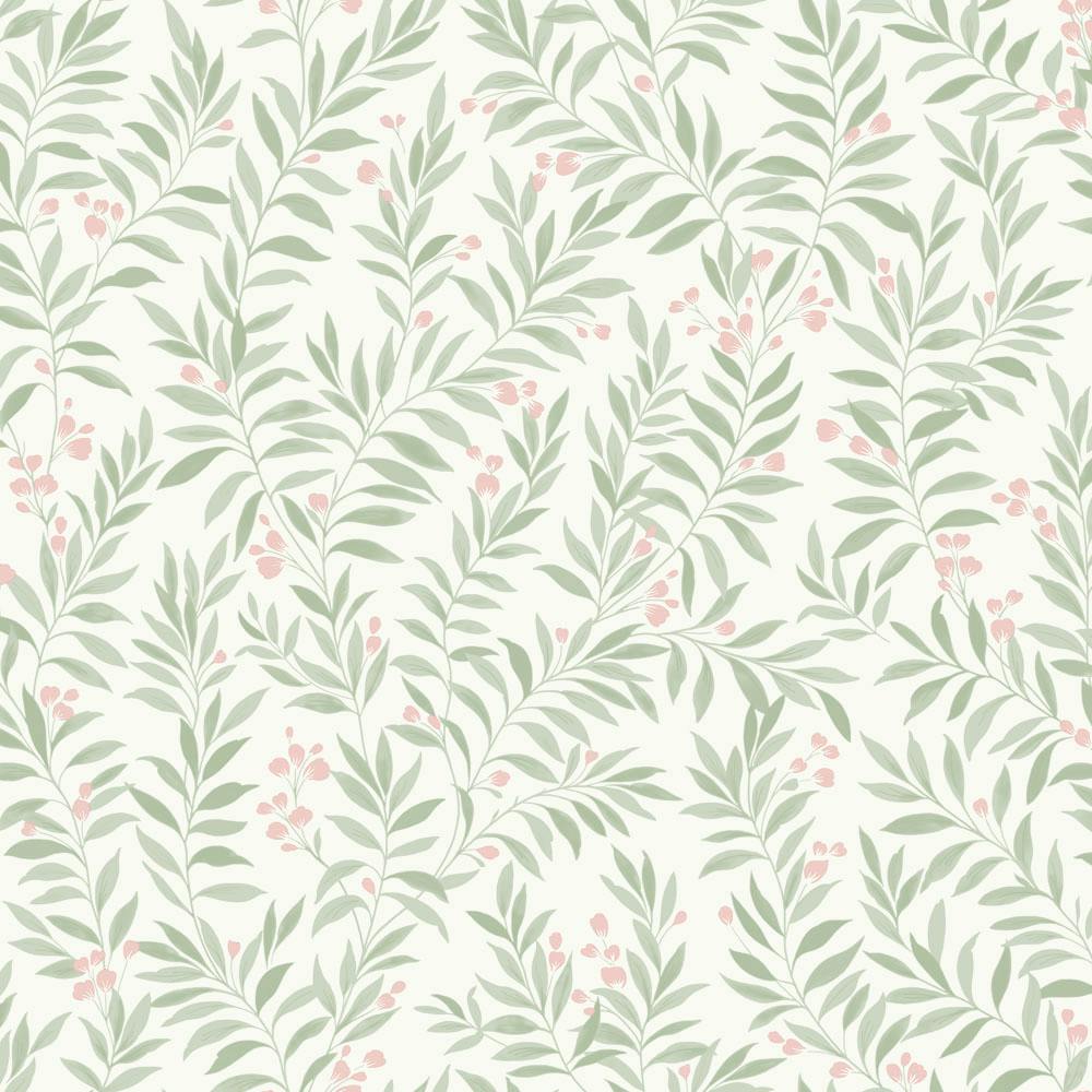 Grandeco Green Sage Trail Foliage And Flowers Textured Wallpaper,
