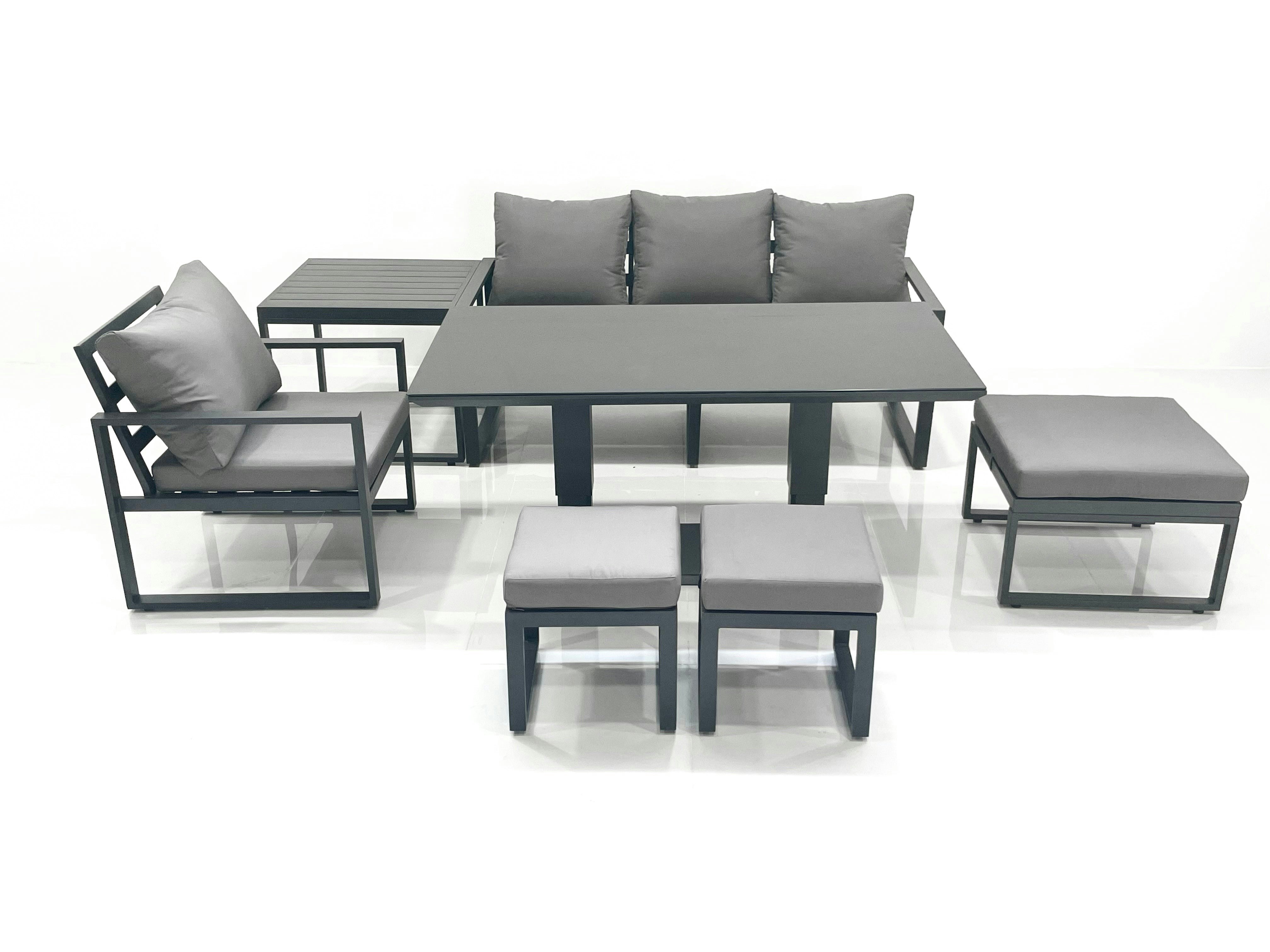 Fimous Dark/Grey 7 Seater Garden Sofa Set Aluminium Furniture Rising Dining Tabe Set With Chair 3 Footstool Side Table