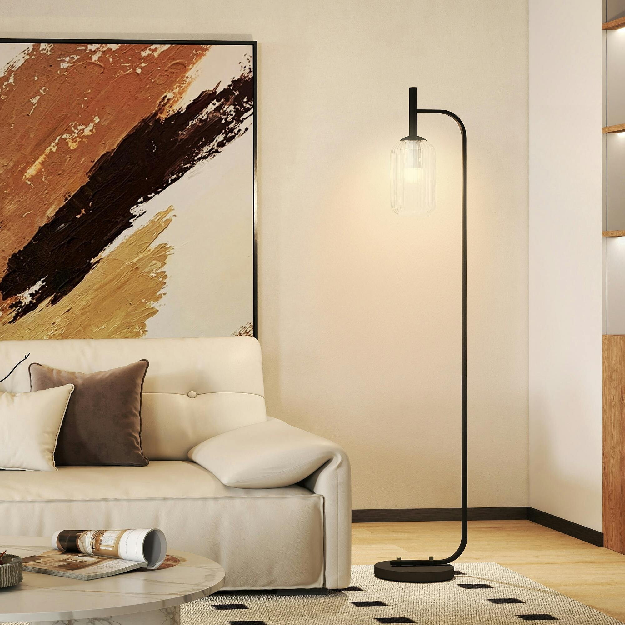 Rackhams Black Modern Floor Lamp With Glass Lampshade, Foot Switch For Living Room - Bulb Not Included - Metal, Glass - Image 2