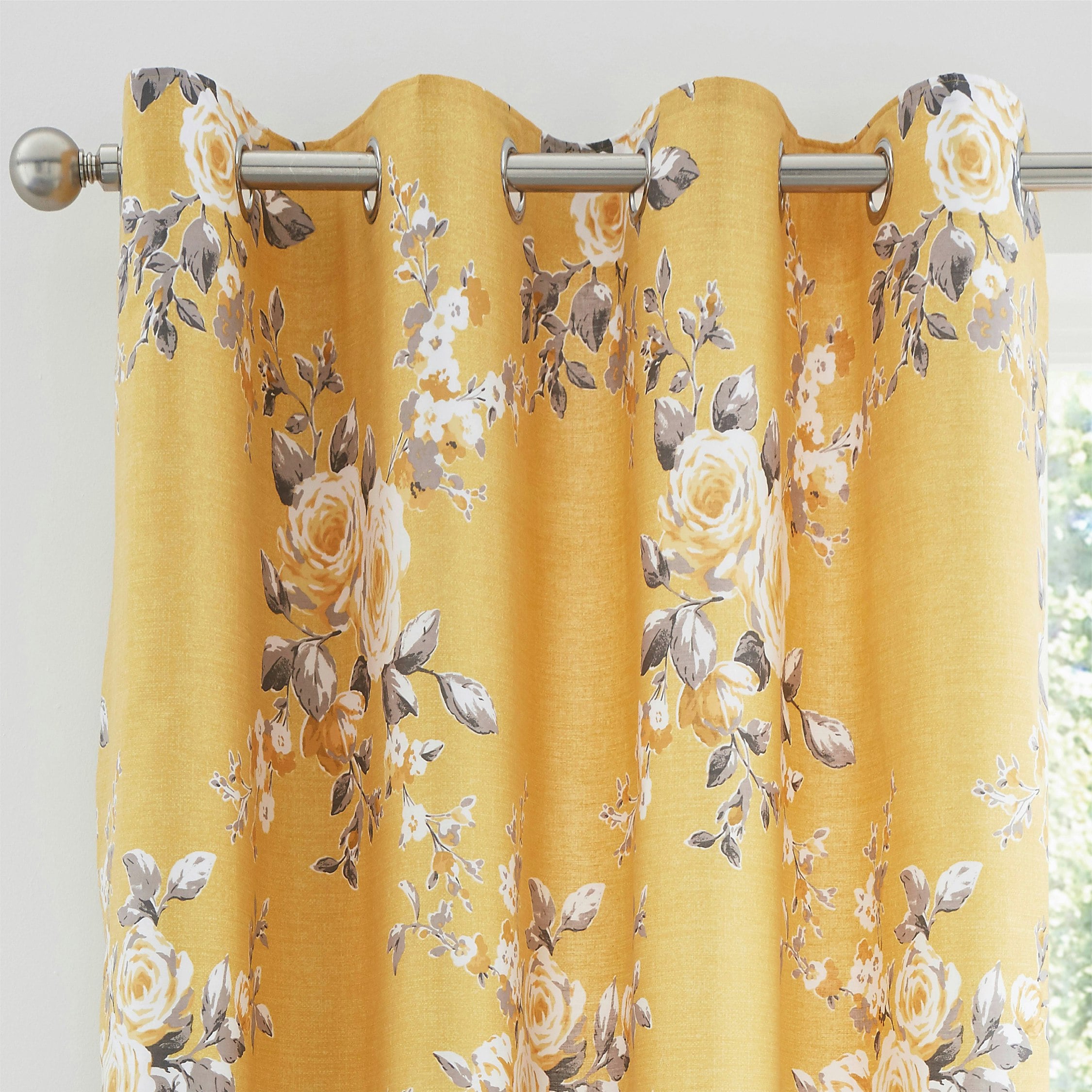 Catherine Lansfield Yellow Canterbury Floral Lined Eyelet Curtains - 66X72 Inch - Ochre