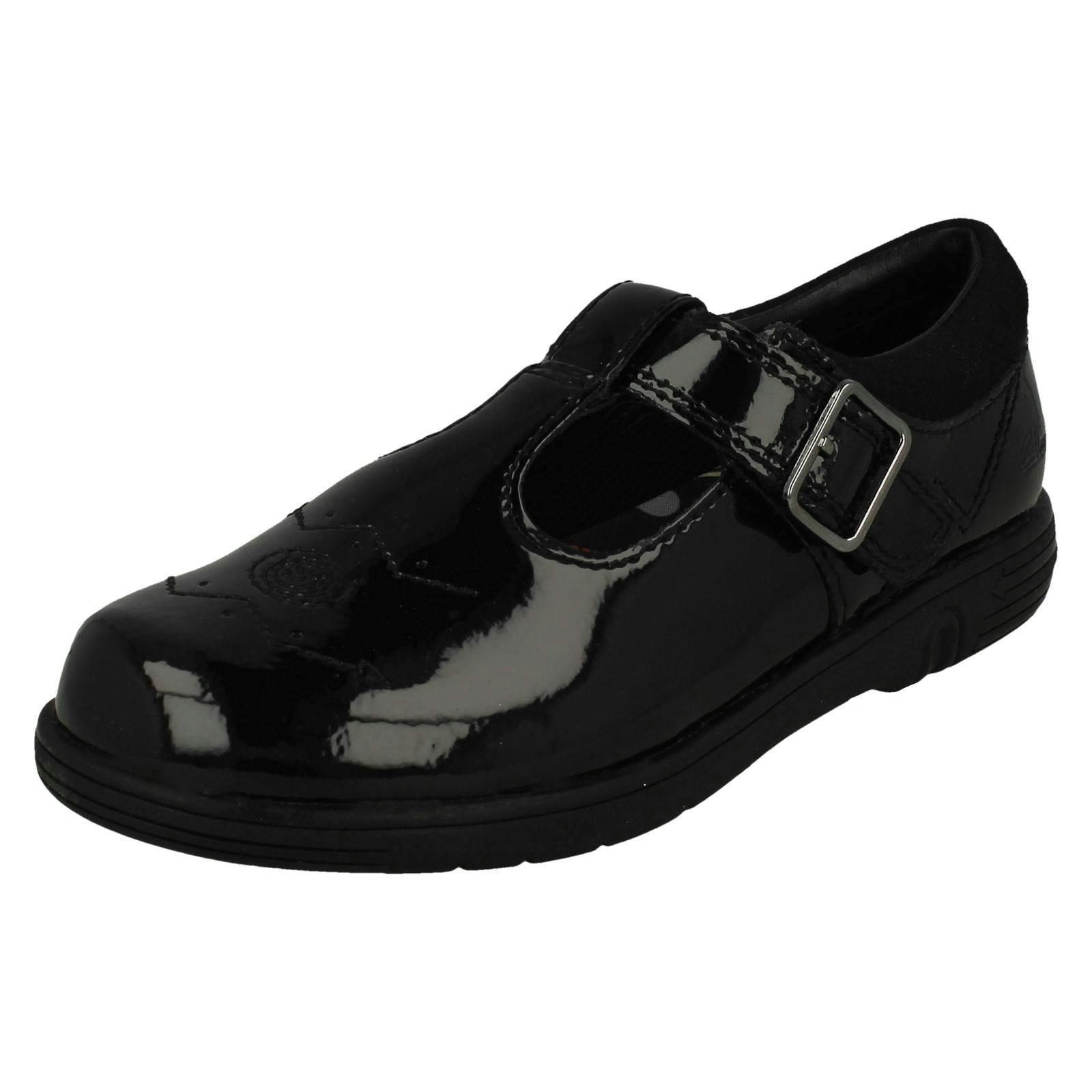 Clarks Girls Black T-Bar School Shoes Jazzy Tap K - Patent - Uk 9.5 Child - F