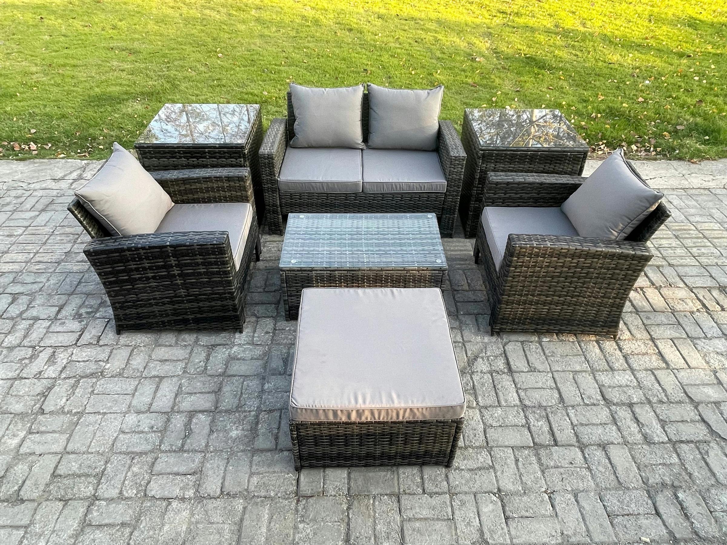 Rackhams Dark/Grey 5 Seater Outdoor Lounge Sofa Set, Wicker Pe Rattan, Coffee Table, Double Seat Sofa, 2 Side Tables And Big Footstool, Mixed