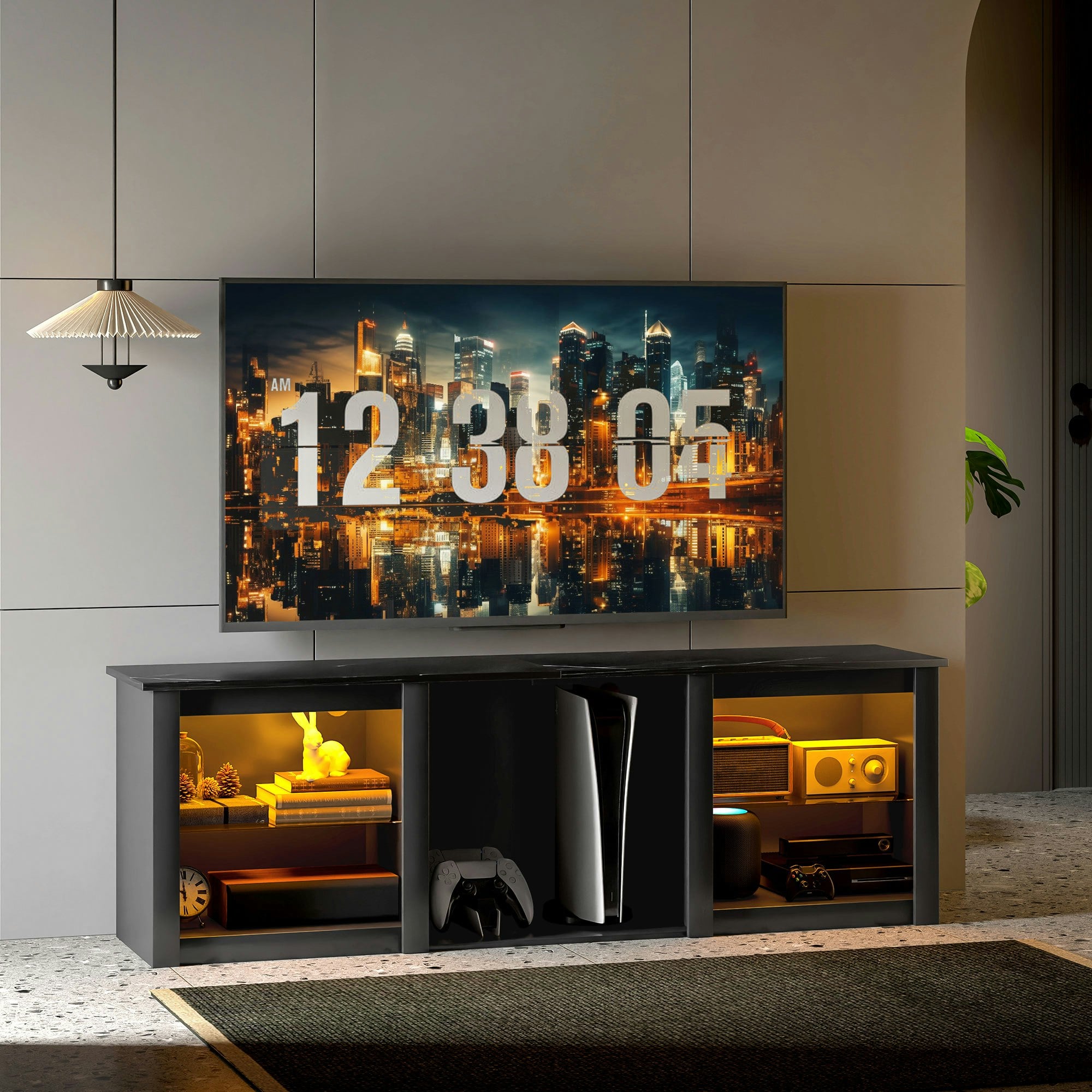 Rackhams Black 160Cm Tv Unit W/ Led Lights For 65" Tv Modern Tv Stand Cabinet