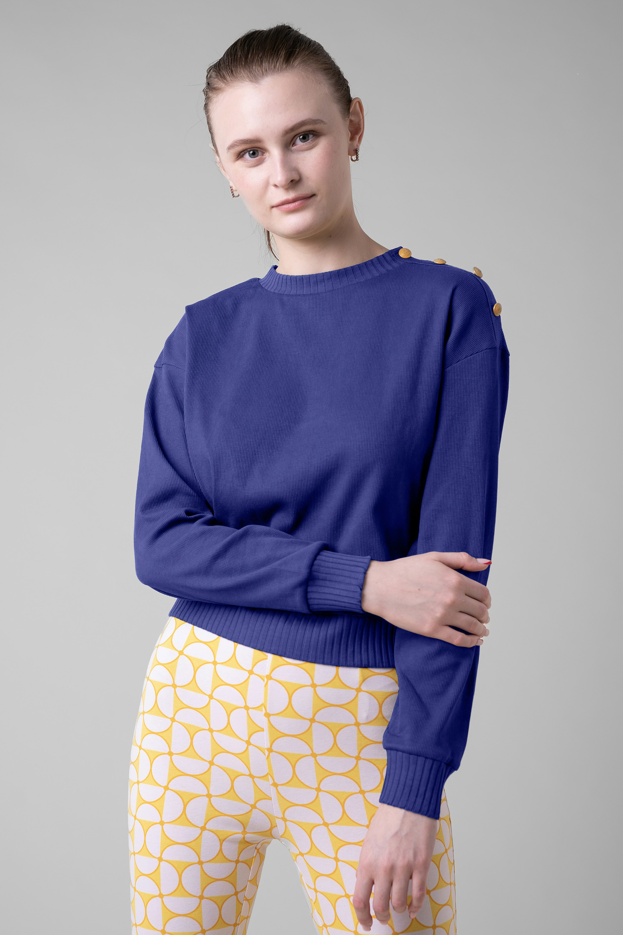 Enorsia Button Shoulder Crewneck Sweatshirt - 18 - Navy - 90% Cotton, 10% Elastane