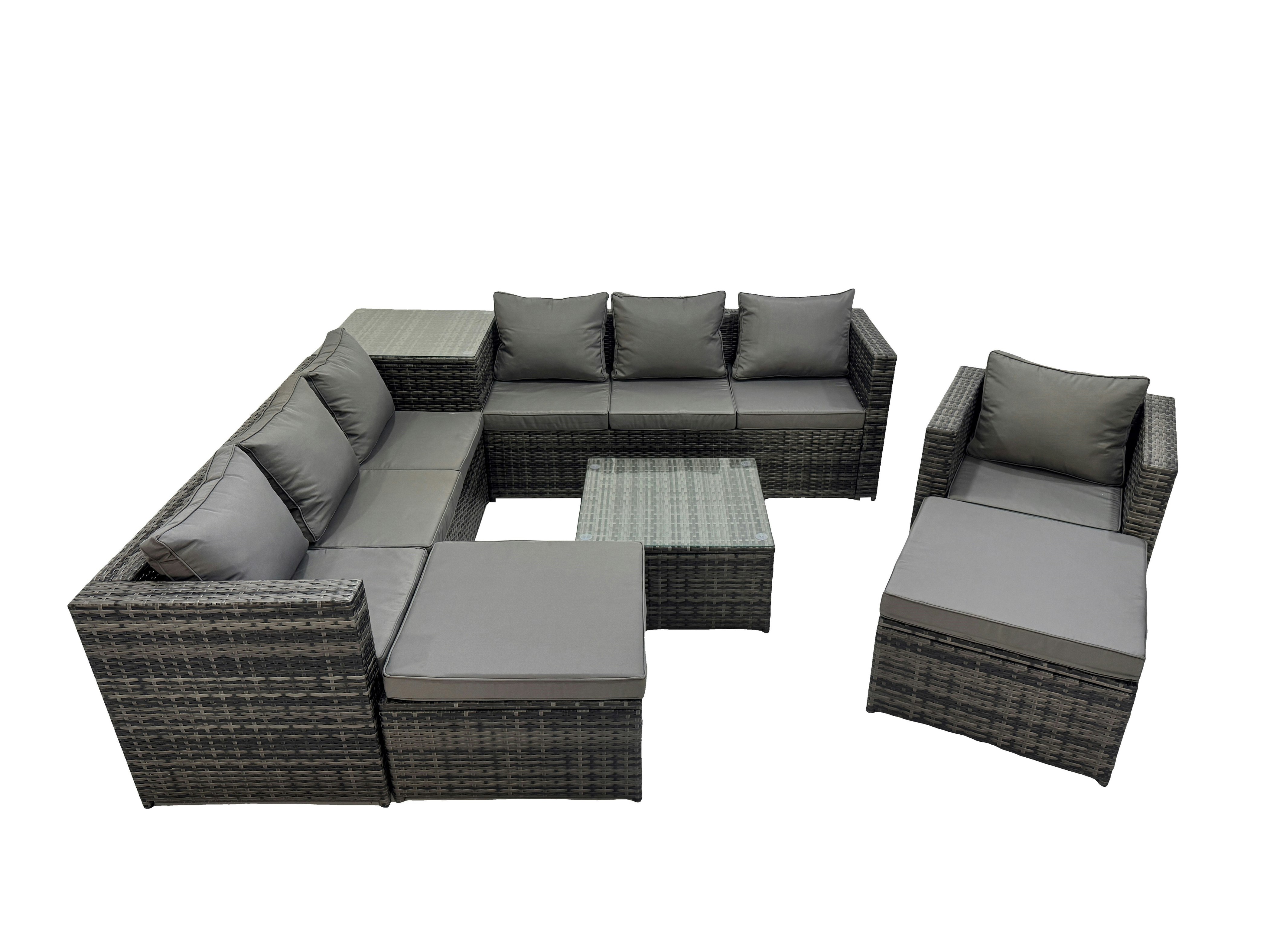 Rackhams Dark/Grey 9 Seater Garden Outdoor Rattan Furniture Set Patio Corner Sofa Coffee Table With Side Table 2 Big Stool