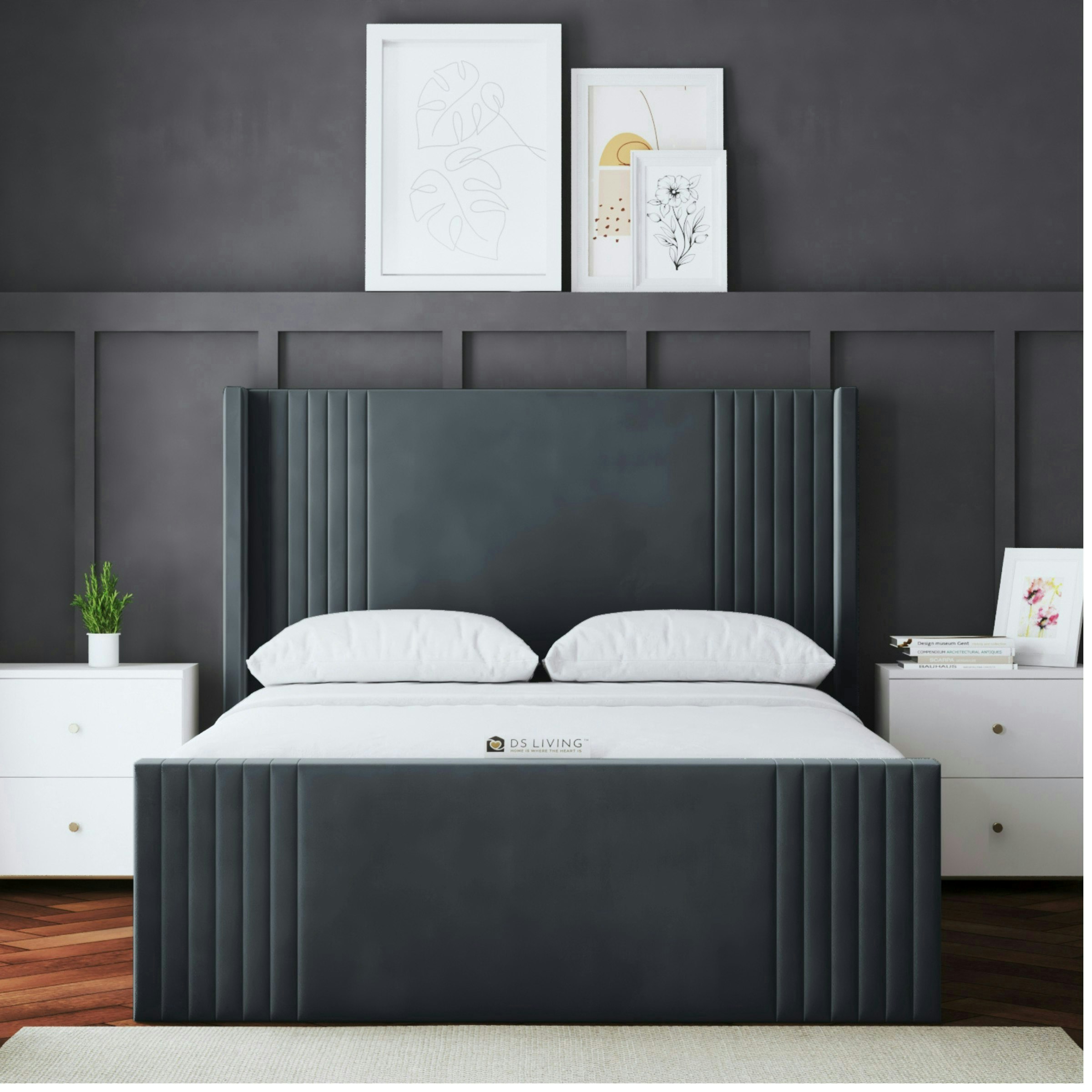 Rackhams Grey Elara Divan Bed With Winged Panel Headboard - (Steel) - Super King / 6Ft