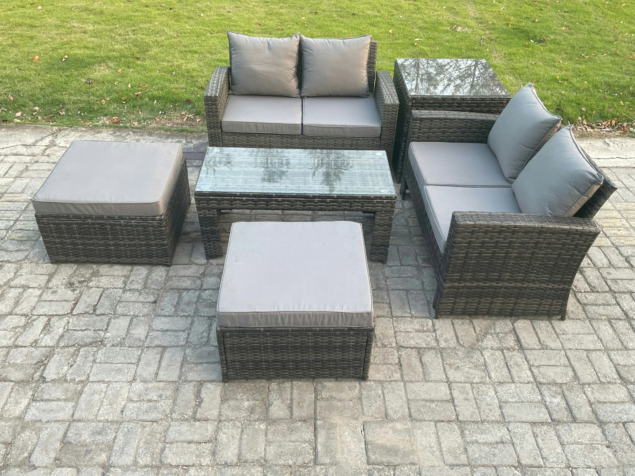 Rackhams Dark/Grey High Back Rattan Garden Furniture Sofa Sets With Rectangular Coffee Table Side Table 2 Big Footstool Mixed