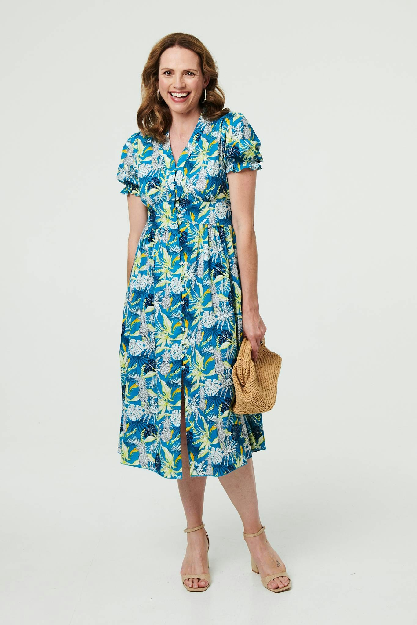 Izabel London Blue Leaf Print Short Sleeve Shirt Midi Dress - 8
