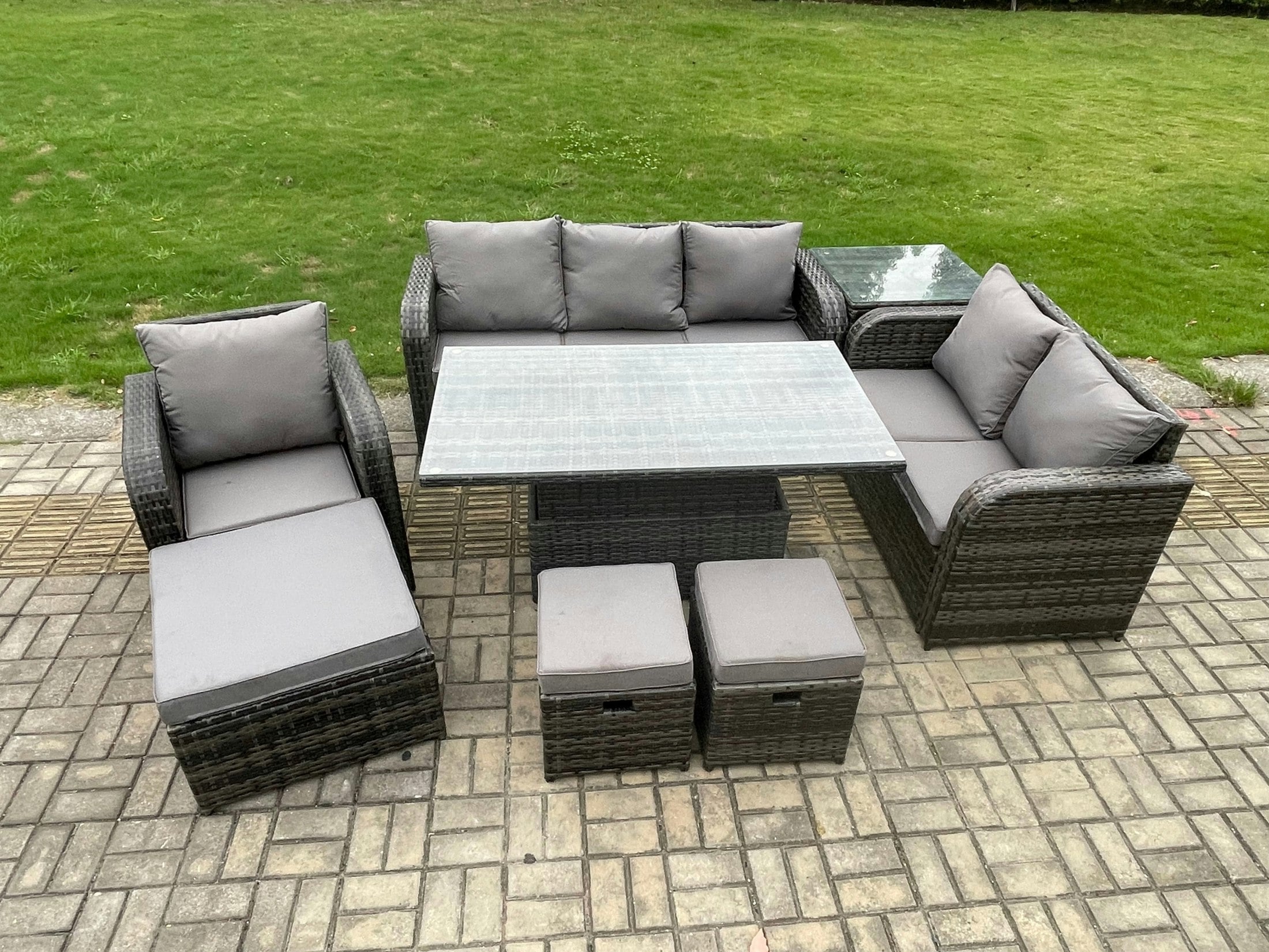 Fimous Dark/Grey Mixed Rattan Outdoor Dining Set - Height Adjustable Lifting Table, Reclining Chair, Side Table & 3 Footstools